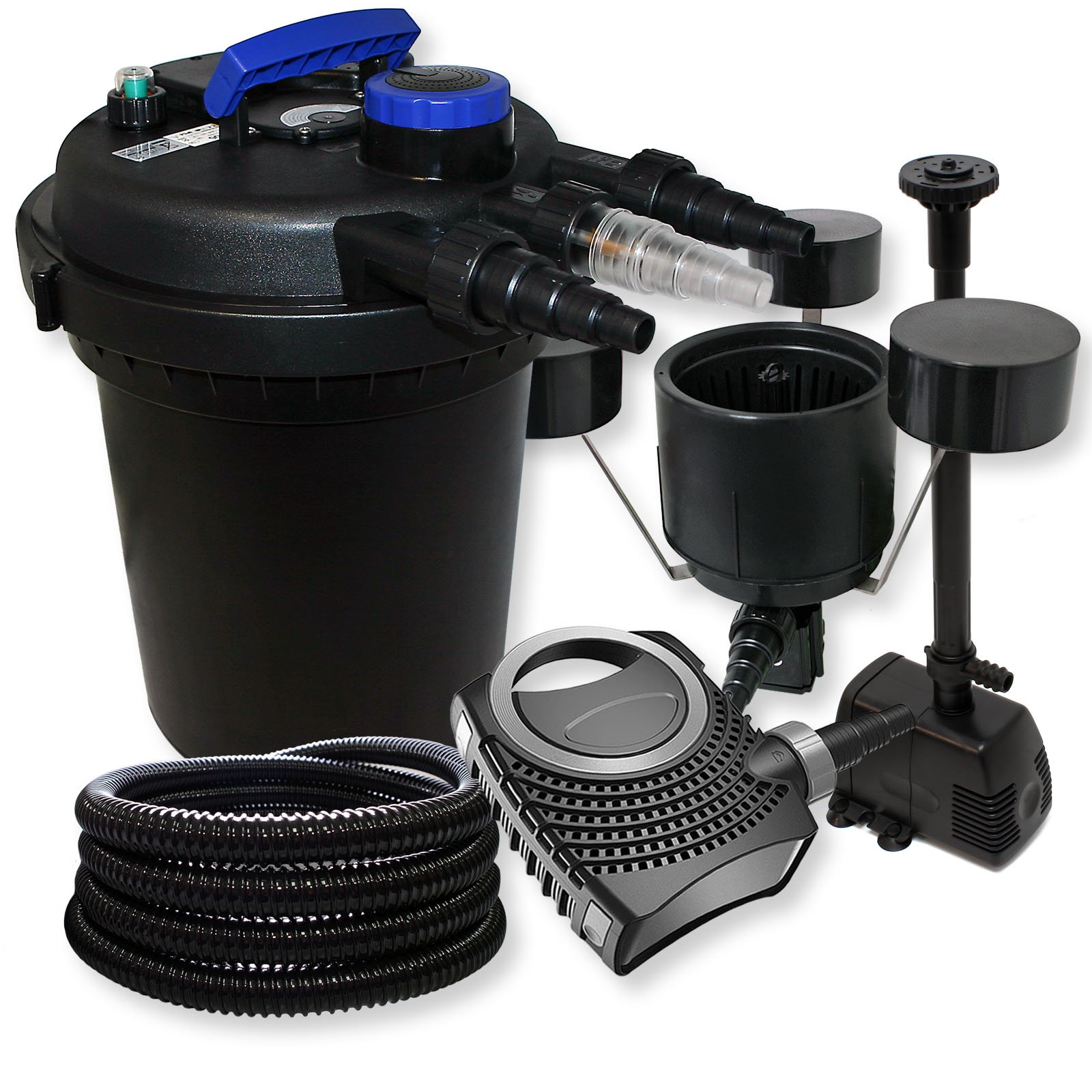 SunSun Kit complet: CPF-180 Filtre de bassin à pression jusqu’à 6000 L 11 Watt lampe uv, CTF-8000 pompe 8000l/h 70W, 25m Tuyau 25 mm, CSP-250 Écumeur 2500l/h 45W, HJ-943 fontaine 800l/h 16W
