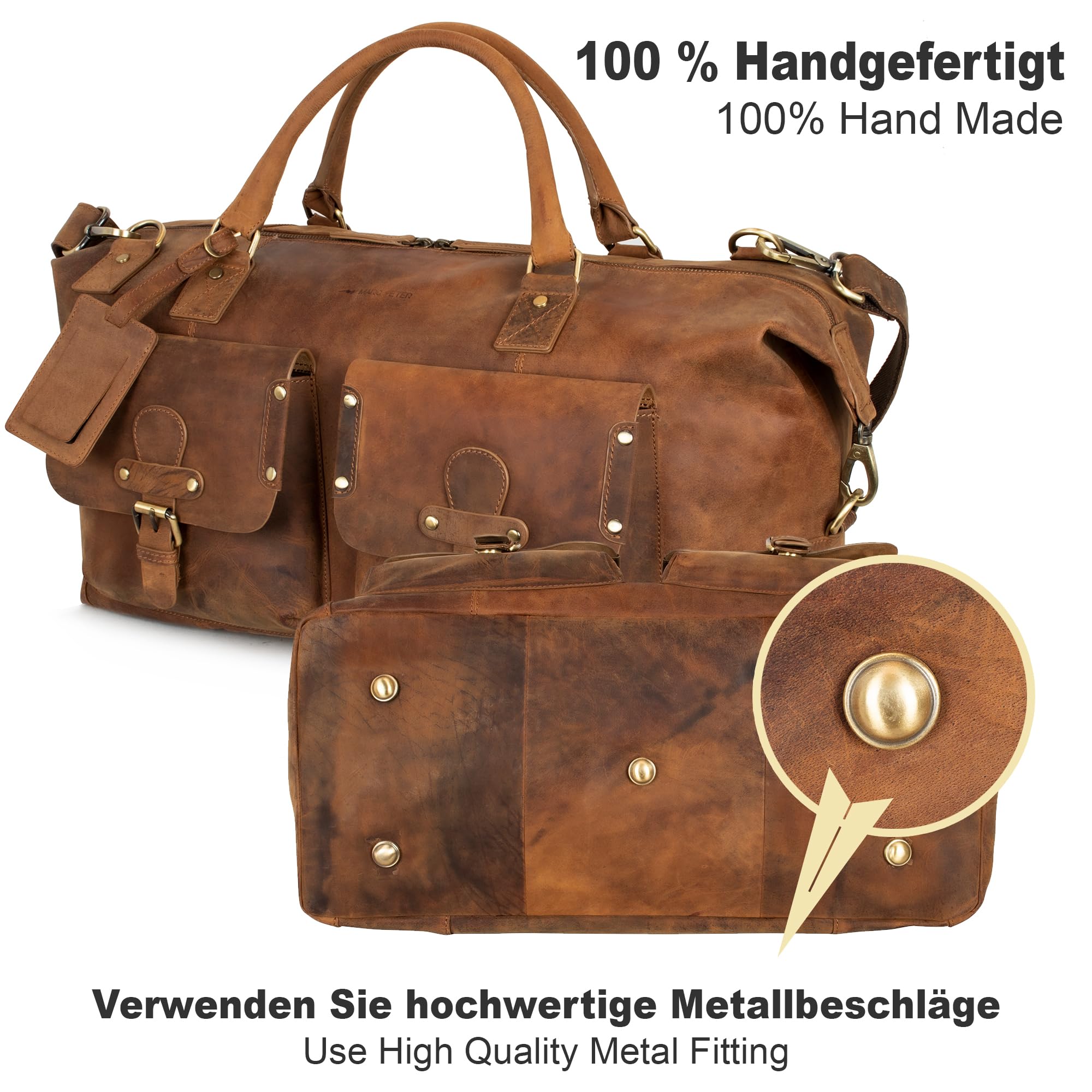 Marc Peter® Keneddy Reisetasche | Herren Vintage Bräune Leder Weekender zum Umhängen Overnight Duffle Bag | Echtes Buffleder Großes XL Reisegepäck Tasche fur Herren und Damen