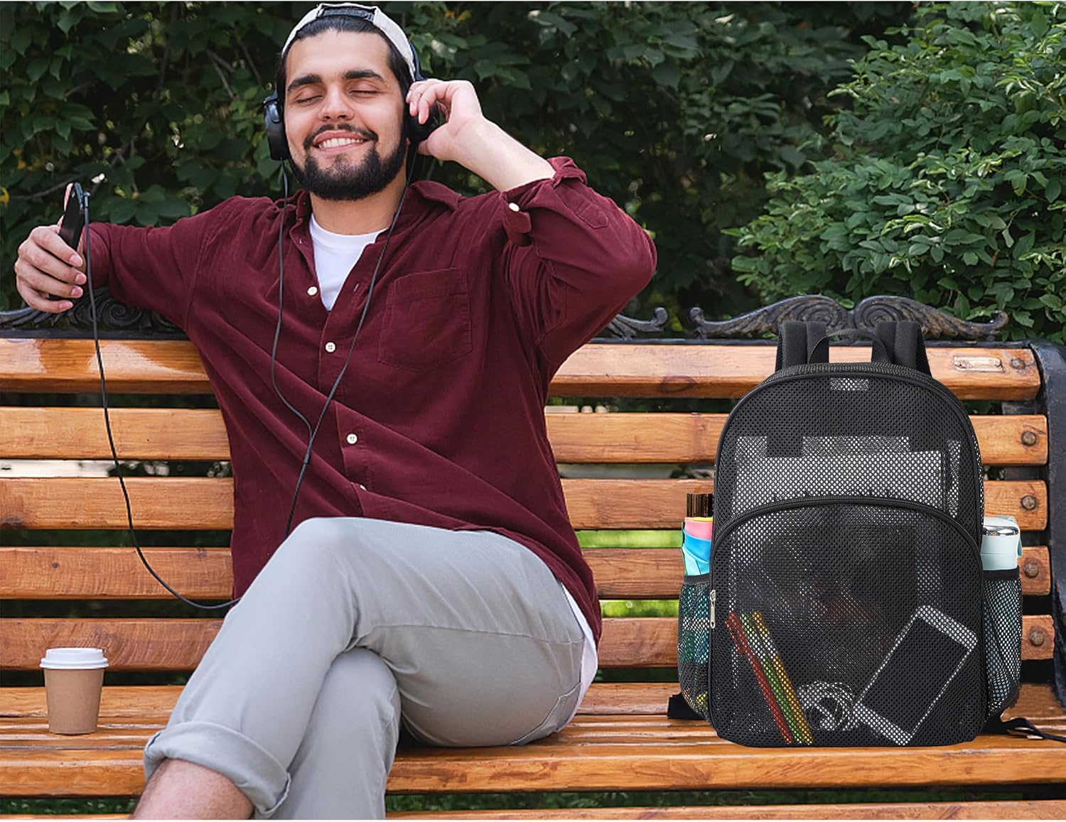 gdbis Heavy Duty Mesh Backpack, Semi- Transparent College Bookbag with Adjustable Padded Shoulder Straps, Lightweight Casual Daypack for College Workpalce Security - Black - Image 2