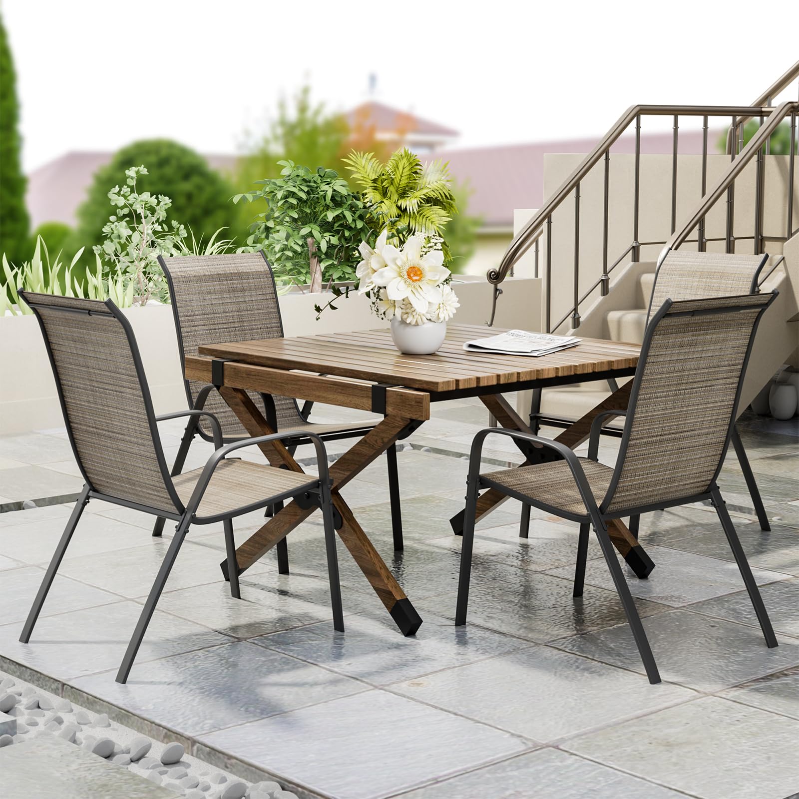LIFERUN Sillas de jardín apilables para Camping, con Respaldo Alto, Estructura de Acero textileno, para Jardines, Patios, Balcones, restaurantes, 150 kg, soporta 54 x 69 x 93 cm (4, Lino marrón)
