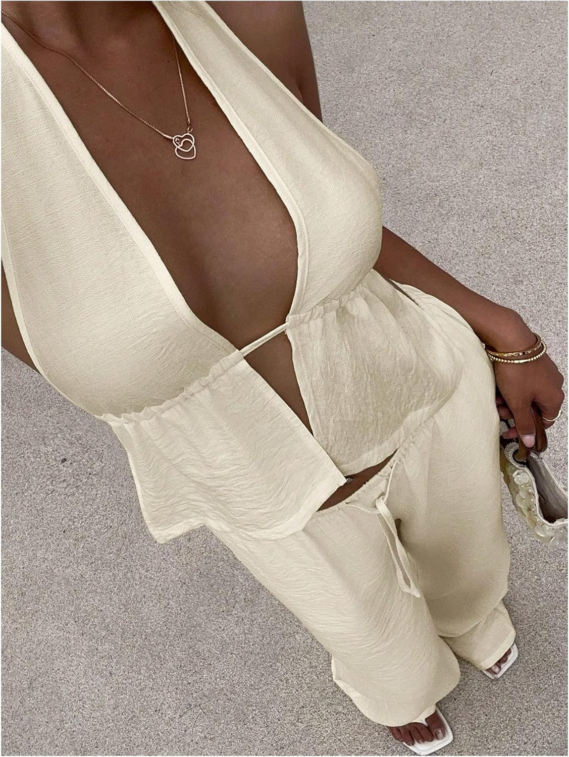 SHENHE Women's Linen Set 2 Piece Outfits Sexy Backless Halter Top Low Rise Palazzo Pants Set - Image 4