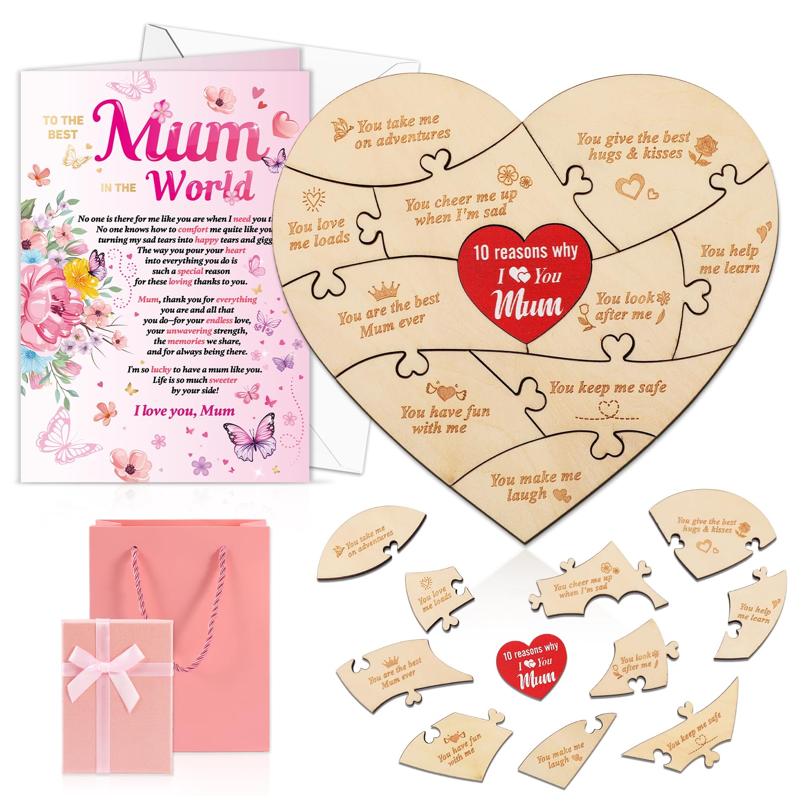 HOWAF Mum 10 Reasons Why I Love You Hearts Puzzle Wooden Set, Mum Gifts with Greeting Card Bow Gift Box Bag Birthday Mothers Day Presents from Daughter Son