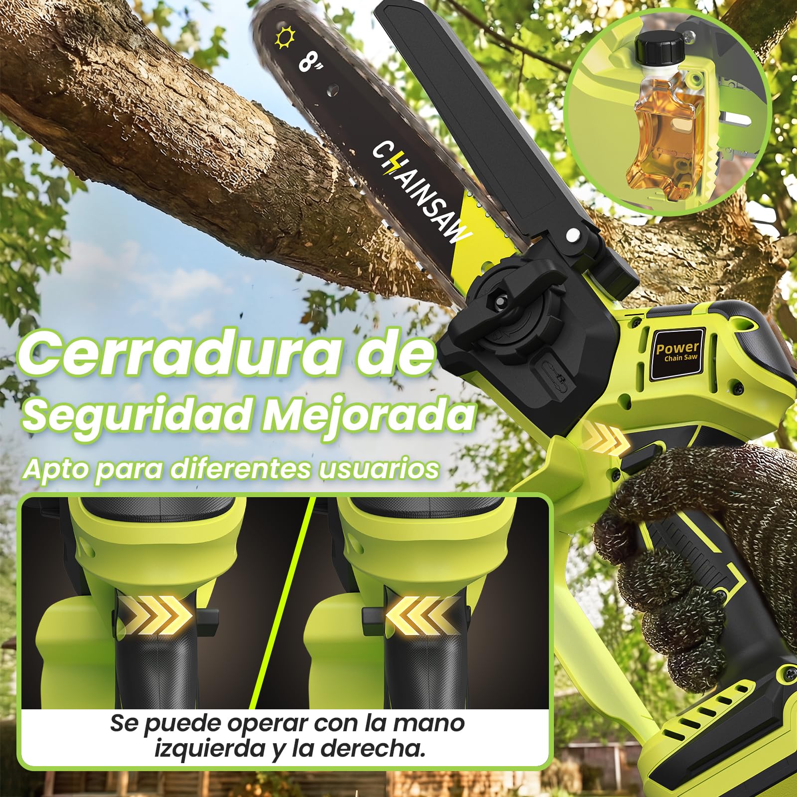 Mini Motosierra a Batería 8 y 6 Pulgadas, 1300W Motor Sin Escobillas Motosierra Eléctrica, 8000mAh Sierra Electrica, Motosierras de Mano para Podar de Jardinería, Compatible con Makita Batería