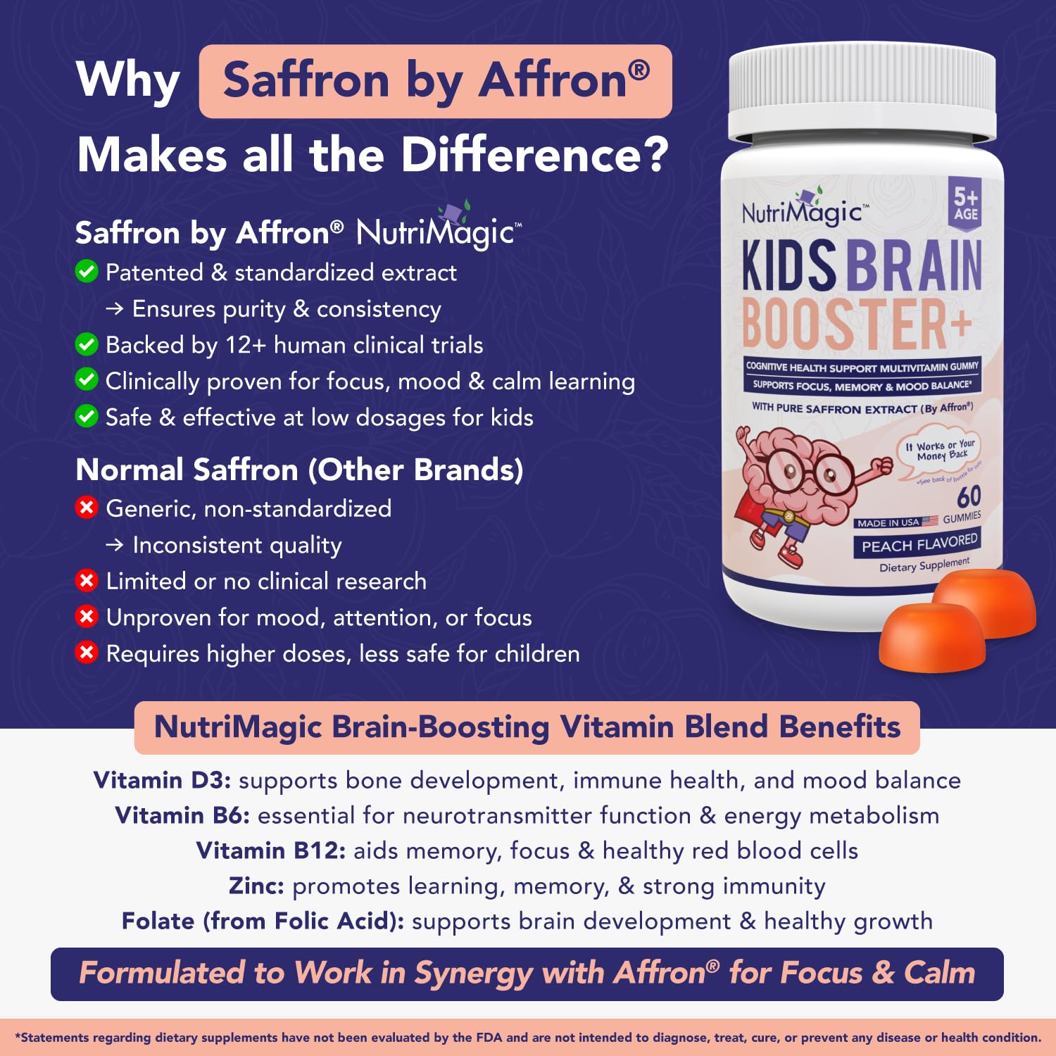 NutriMagic Kids Brain Booster+ Saffron Extract, 2IN1 Cognitive Support & Multivitamin D3, B6, B12, Zinc Gummies Supplement, Supports Focus, Attention, Memory, Mood Balance - 60 Peach Gummies — Amazon image 3