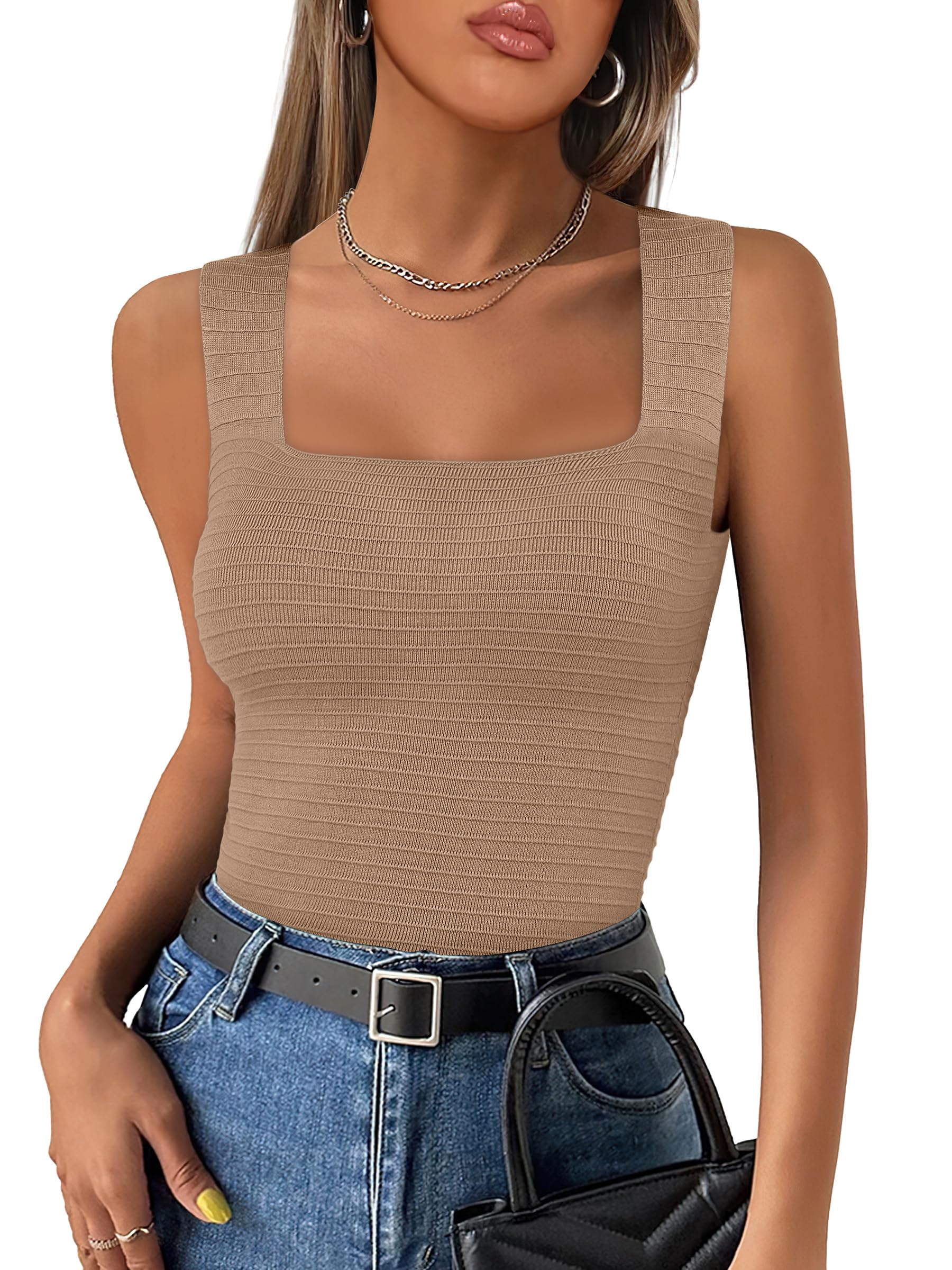 ANRABESS Tank Tops for Women 2025 Summer Square Neck Rib Knit Sleeveless Basic Slim Fit Shirts Casual Top Trendy Outfits