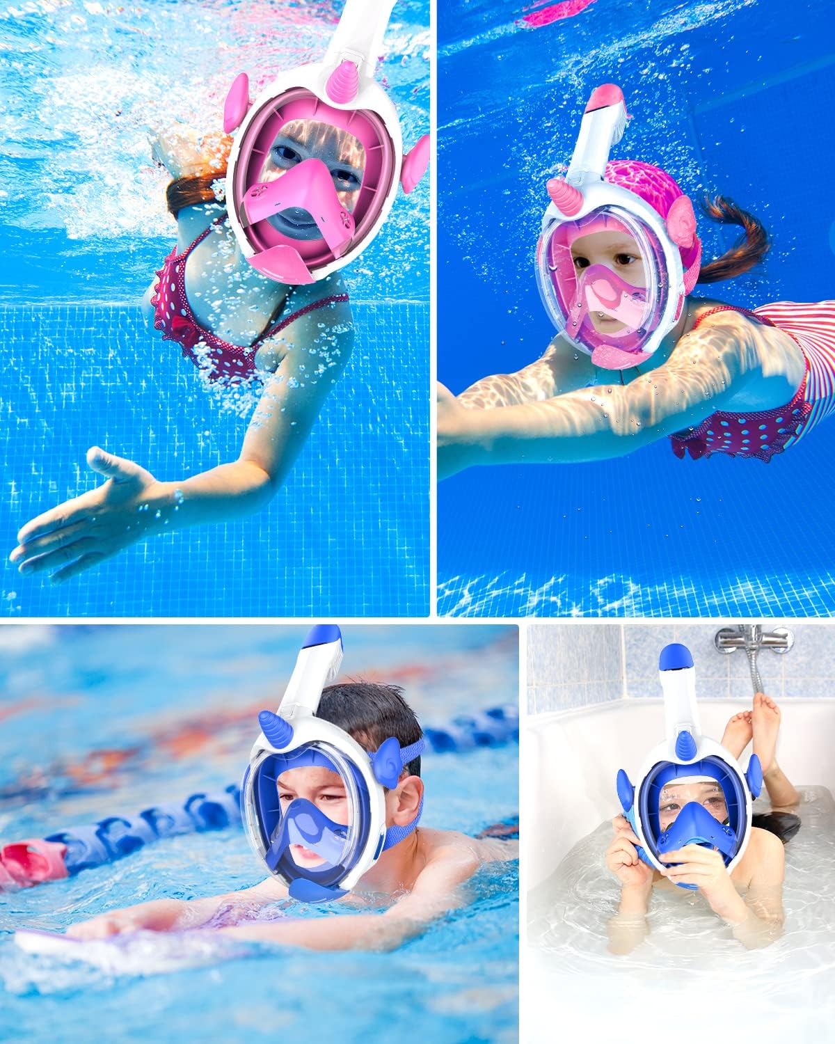 Kkdi Kids Snorkel Mask, Full Face Snorkel Mask for Kid 4-16, Foldable Snorkeling Gear for Kids Snorkeling Set for Swimming Pool Toys, Dry Top, Anti-Leak/Anti-Fog /180° HD View/Portable Bag