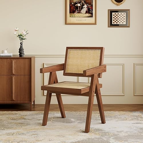Miniatura 5 de Juego de 2 sillas de comedor de madera, sillas modernas de ratán de mediados de siglo, cómodos sillones para exteriores, con dormitorio, sala de