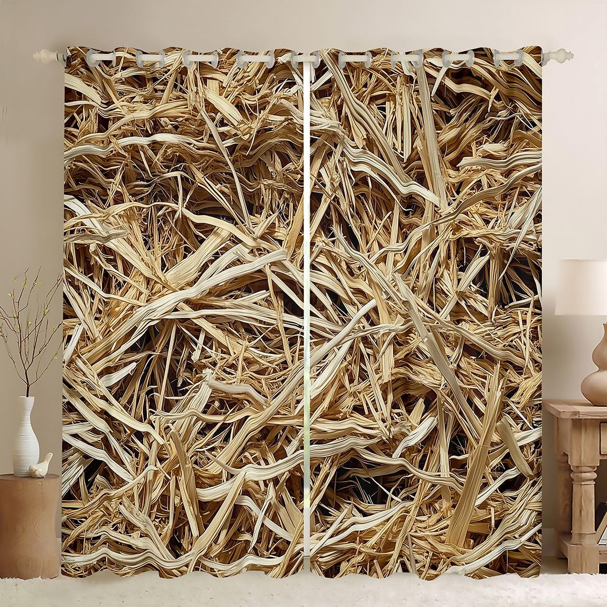 Rideau occultant 117x183 paille rustique et voilage cabine western