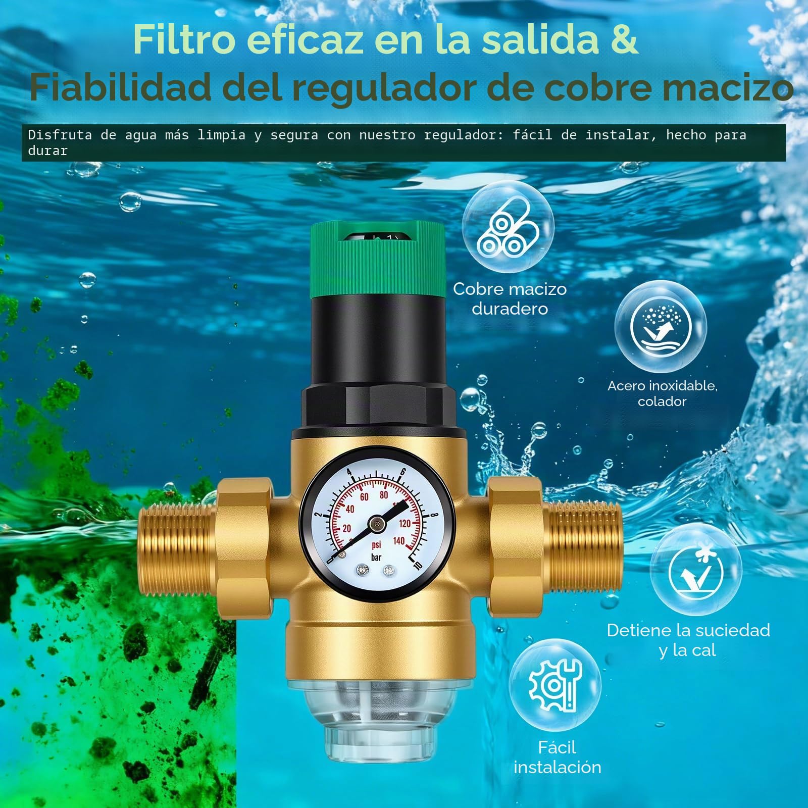 Reductor de Presión de Agua de 3/4 Pulgadas, Regulador de Presión de Agua de Latón con Manómetro y Filtro, Reductor de Presión de Agua Ajustable para Residencias, Jardín, Edificios y Fábricas