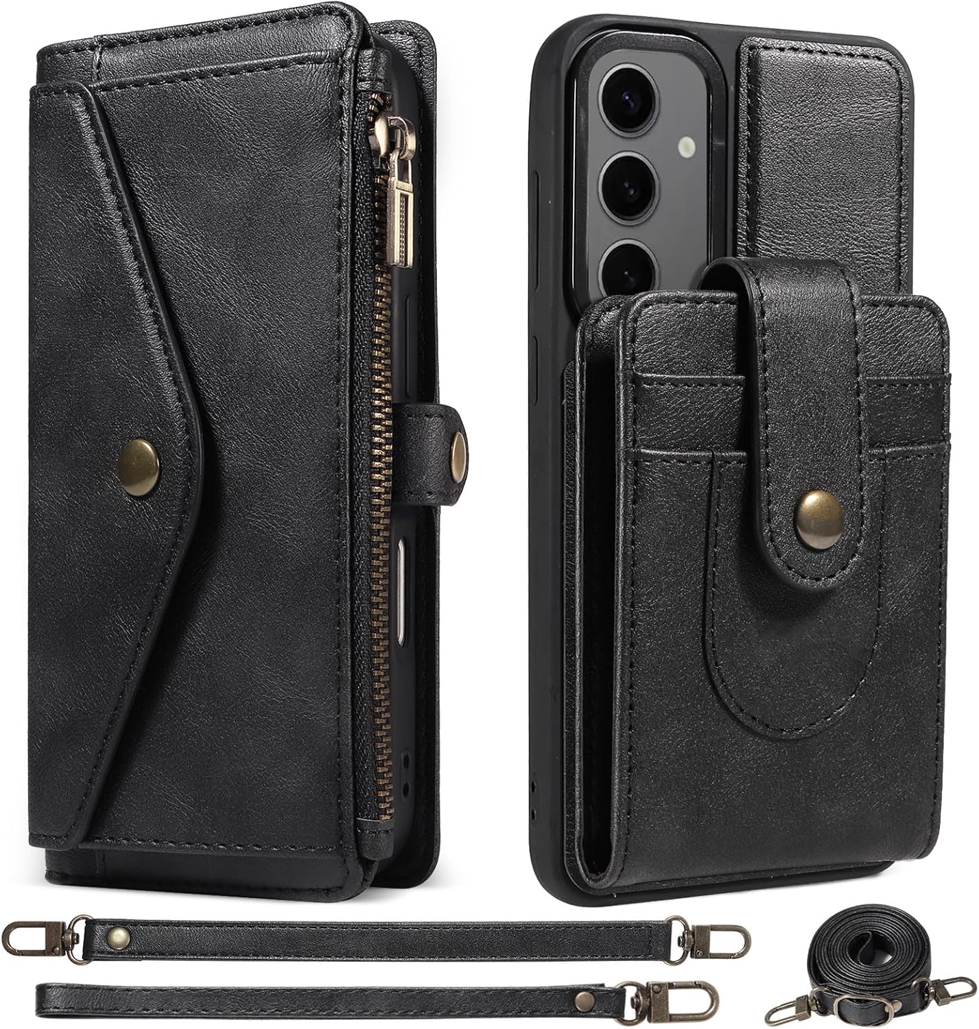 Compatible with Magsafe 3 in 1 Detachable Samsung Galaxy S25 Plus/S24 Plus Wallet Case with Card Holder, PU Leather Phone Purse with Zipper, RFID Blocking Strap Lanyard Kickstand Magnetic Phone Cover