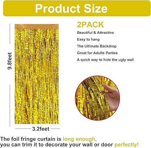 Miniatura 3 de Paquete de 2 cortinas de oropel dorado brillante de 3.2 x 9.8 pies para fiesta, telón de fondo metálico con flecos para Halloween, Navidad,