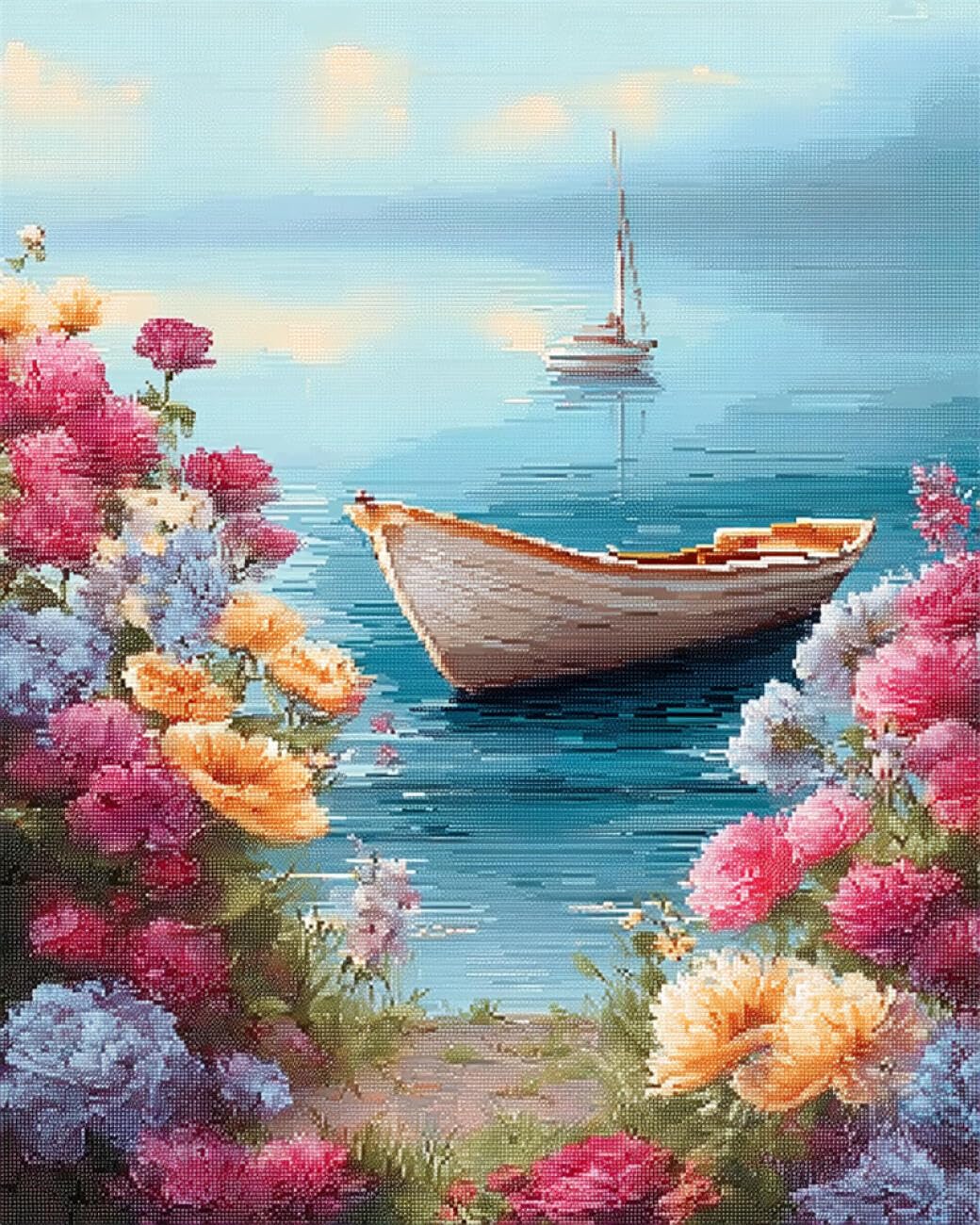 RKFLGEW DIY Seed Bead Embroidery Kits Flowers and Boats 30x40cm