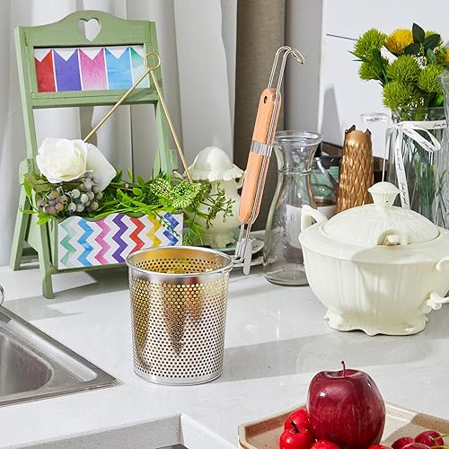 Miniatura 6 de Tessco - 4 coladores de pasta, 4.7 x 5.2 pulgadas, cesta de pasta de acero inoxidable con mango de madera, colador de araña, desnatador de cocina