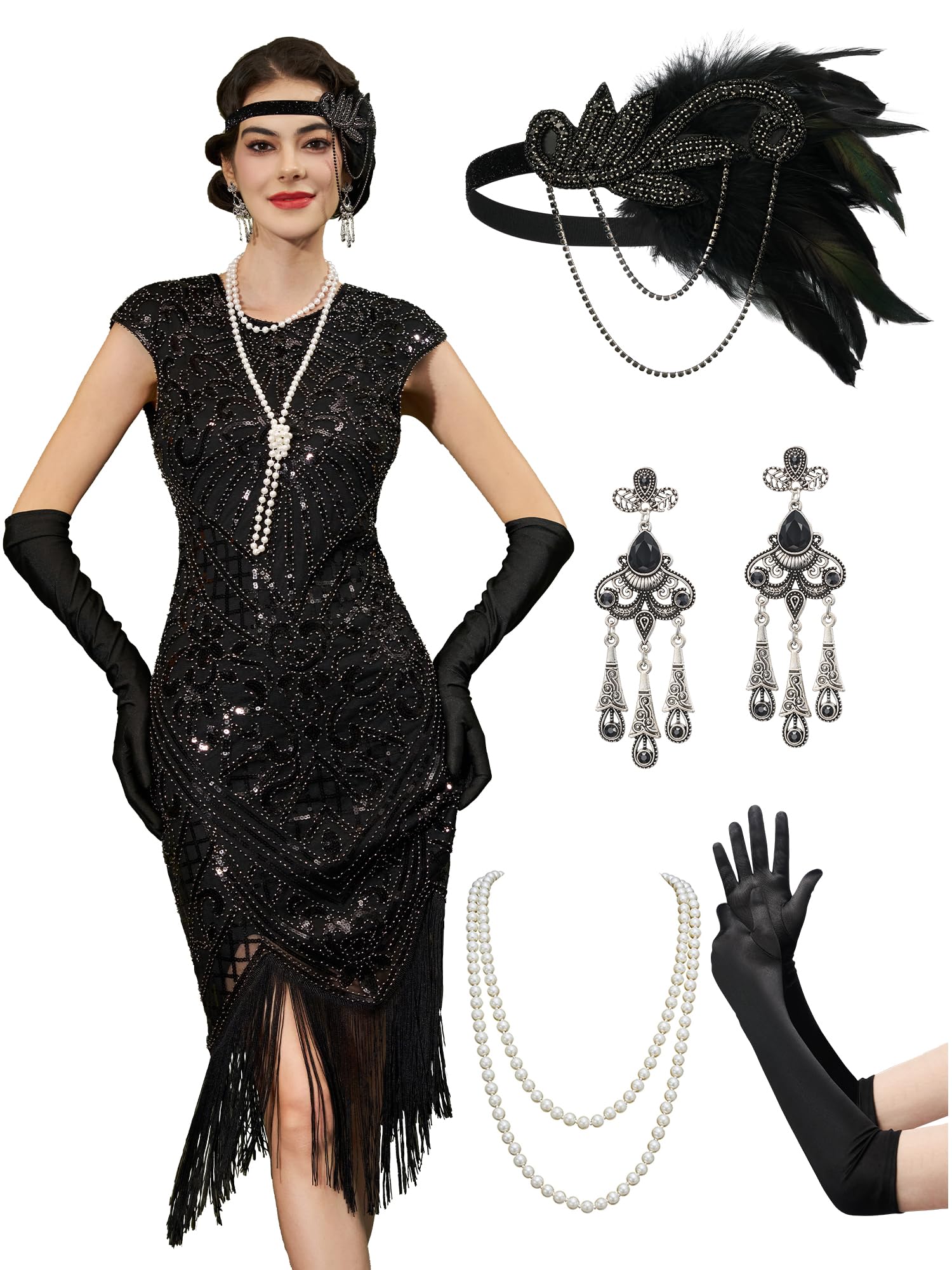 YESSA 1920s Flapper Dresses for Women Great Gatsby Dress Roaring 20s Costumes Sequin Harlem Nights Dress with 20s Accessories