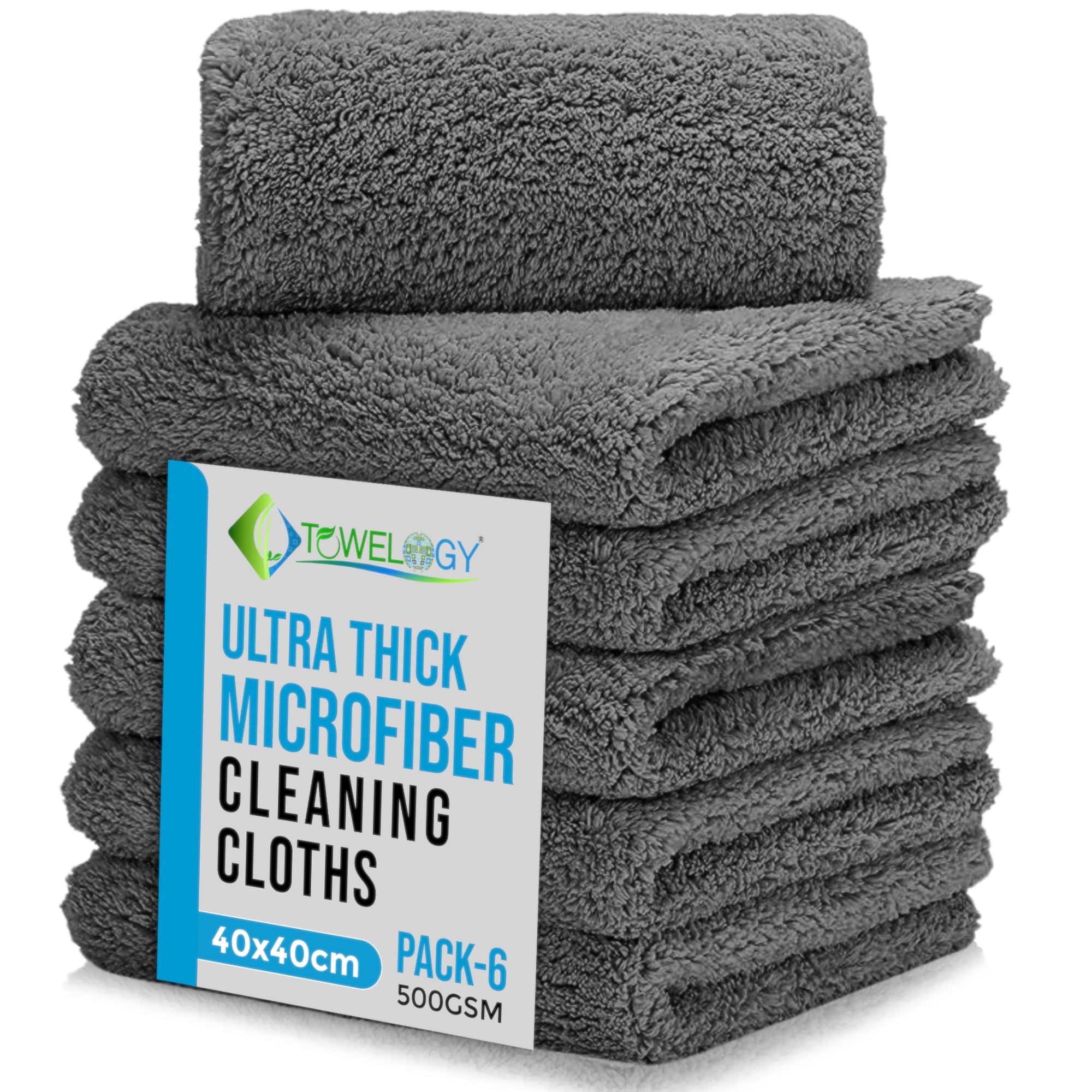 Towelogy® Ultra Thick Microfibre Cloths 500GSM Super Absorbent Large Microfibre Cleaning Cloths for Kitchen, Mirrors, Glass, Bathroom and Household 40x40cm (6, Grey)