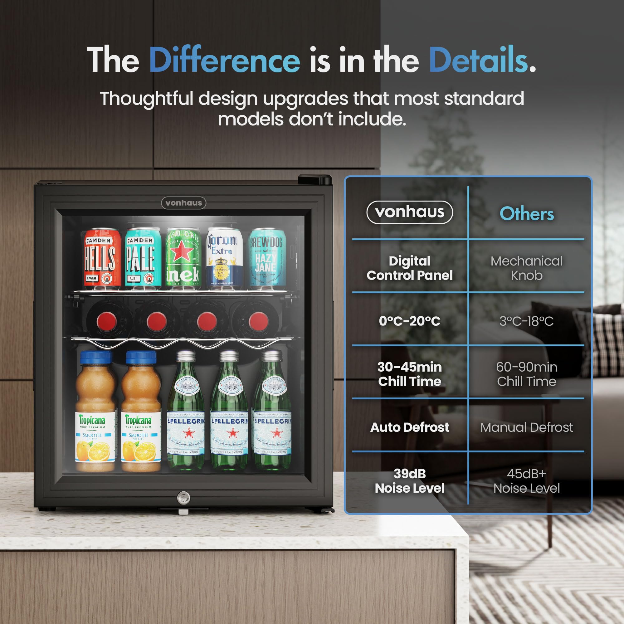 VonHaus Drinks Fridge 50L – Mini Beer & Wine Fridge with Reversible Glass Door & LED Light, Auto Defrost, 0-20°C, Lock & Keys, Table Top Drinks Refrigerator with 43L Net Capacity — view 11