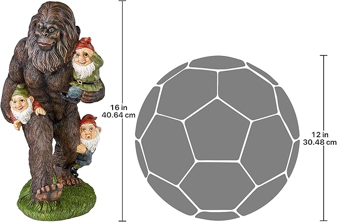 Whether placed in a garden, on a porch, or inside your home, the Design Toscano Schlepping The Garden Gnomes Bigfoot Yeti statue is sure to bring a smile to your face and delight to all who see it. With its unique design, durable construction, and vibrant finish, this statue is a charming and whimsical accent piece that will add personality and whimsy to any space. Description by ChatGPT.