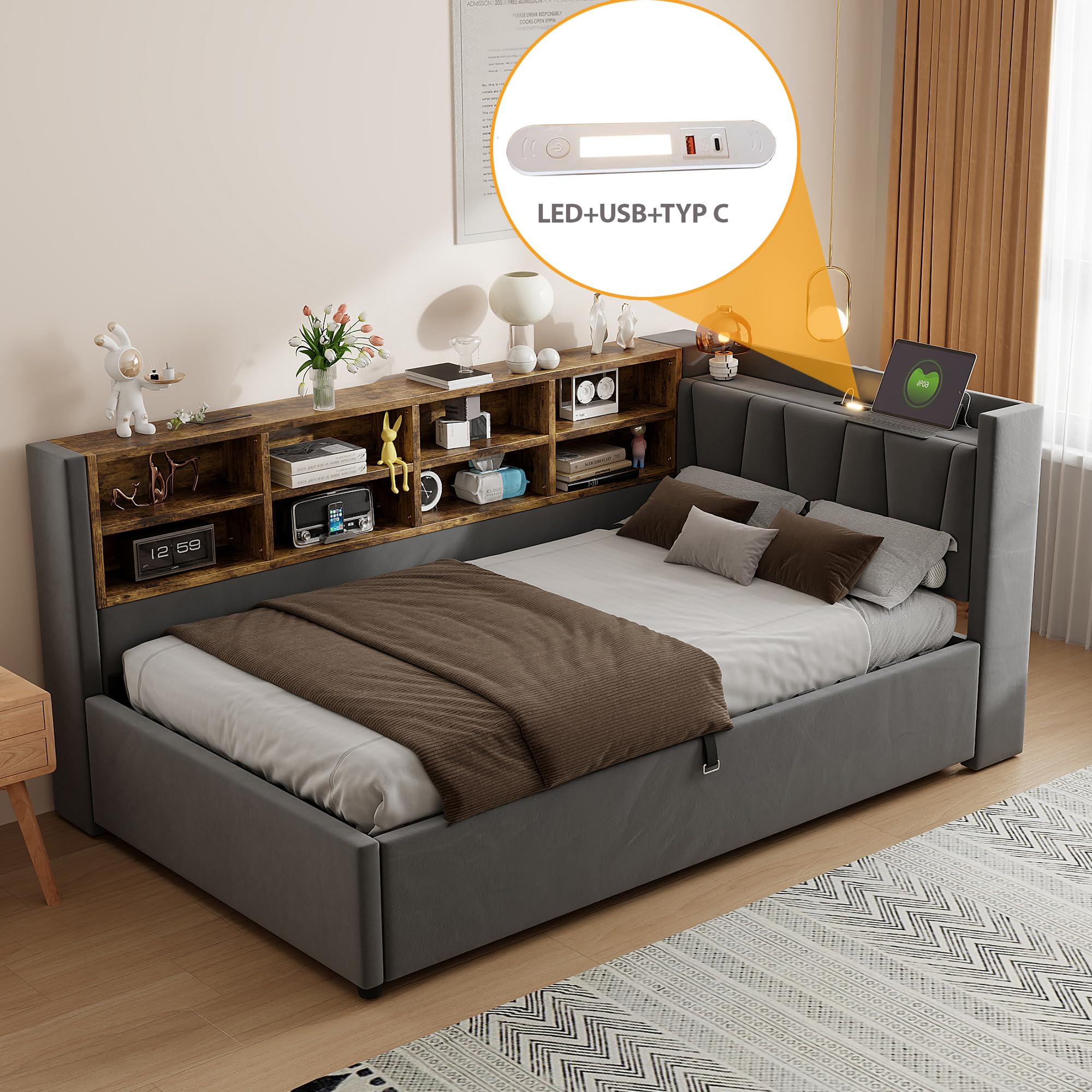 Divano letto 90 x 200 cm, letto imbottito con vano portaoggetti idraulico, con luce notturna, porta di ricarica USB e tipo C, con ripiani e scomparti, testiera imbottita, tessuto in velluto (grigio