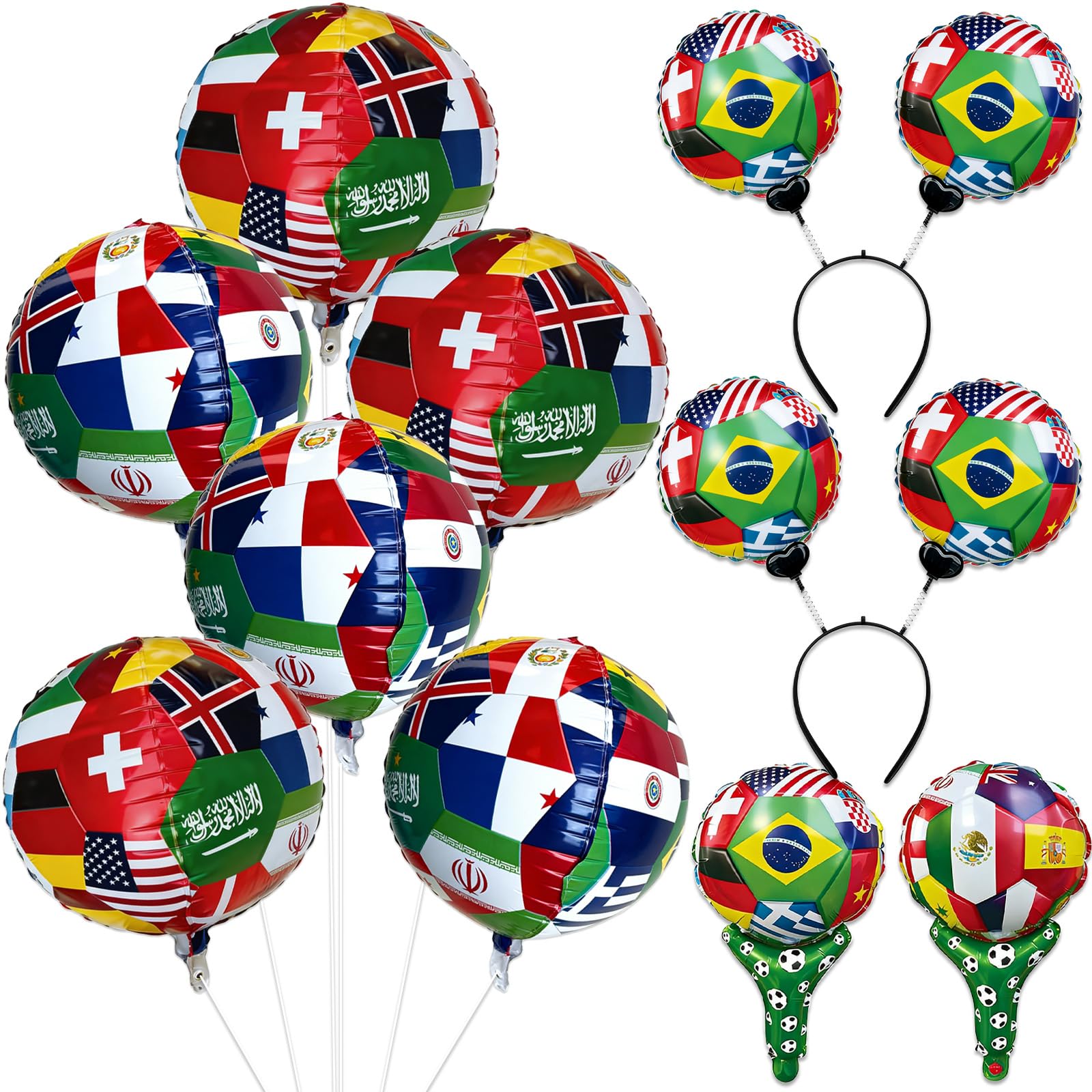 10PCS World Cup Football 2026 World Flags Balloons Set Football Balloons Round Balloon Headband for world Cup Fans for Gatherings Events or Match Days Decoration