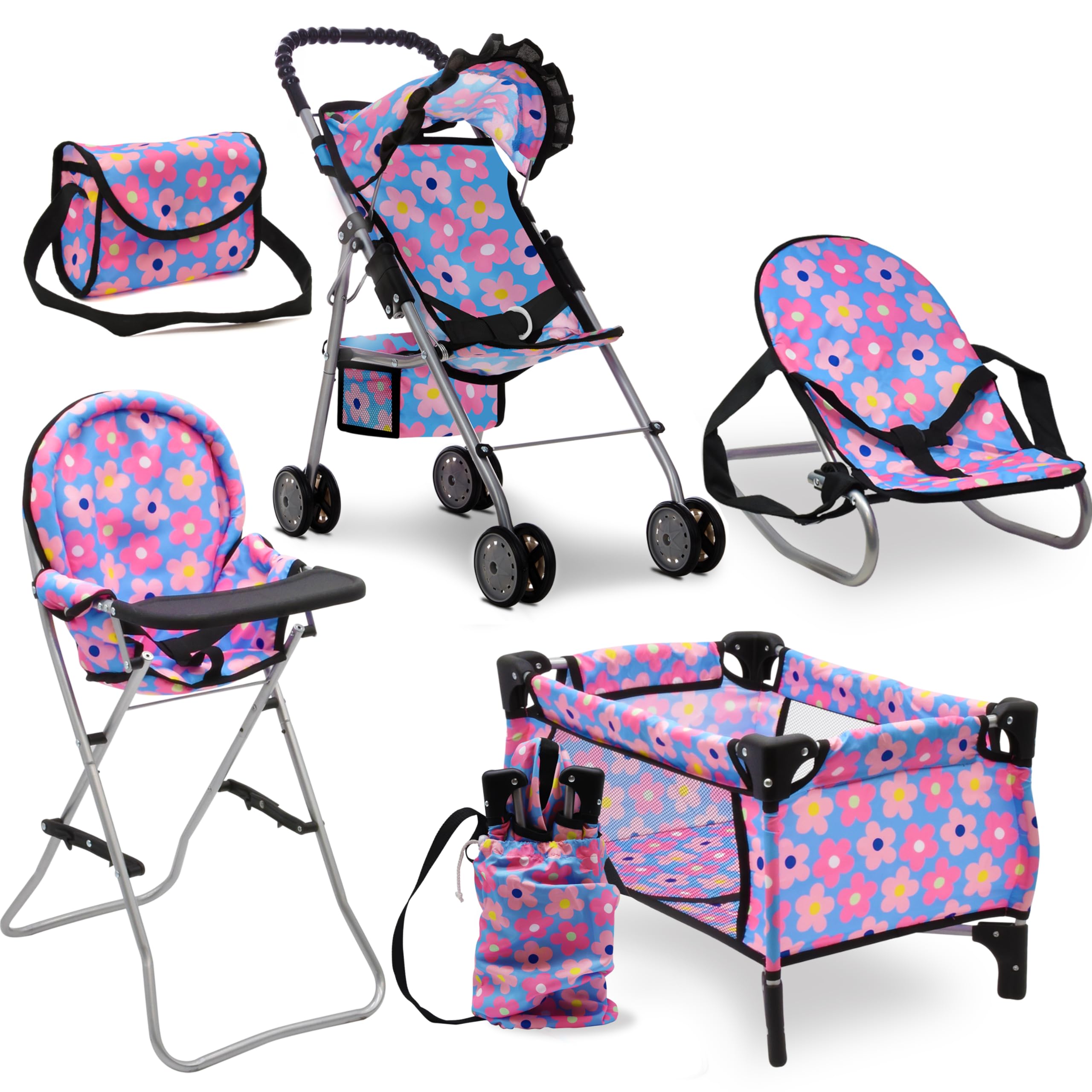 Baby Doll Stroller Bed and Seat Nursery Playset, Baby Doll Accessories Set High Chair Diaper Bag Role Play Deluxe Baby Doll Blue Set : Toys & Games
