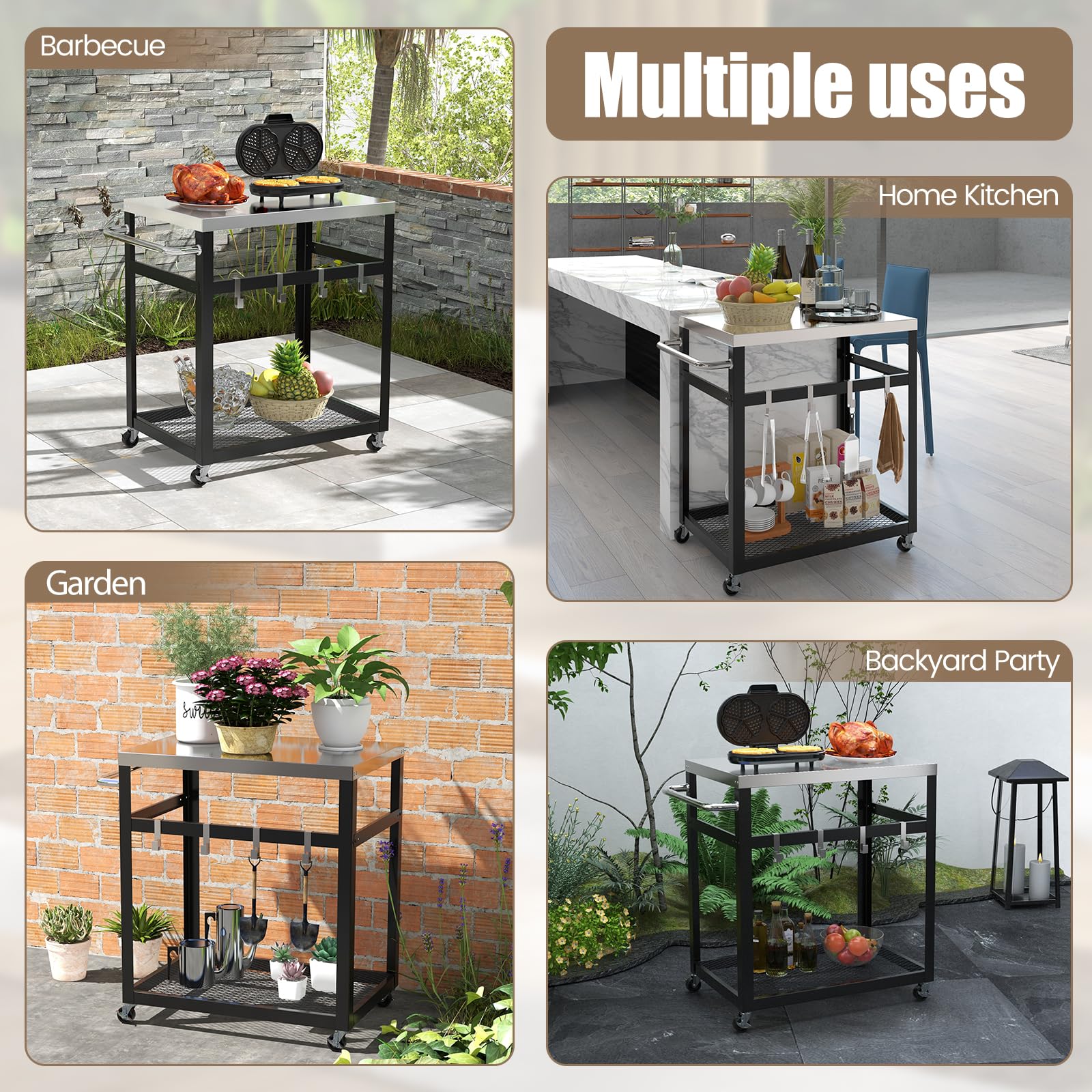 KOMFOTTEU Servierwagen Grillwagen Metall, Garten Rollwagen mit Arbeitstisch, 4 Ablagen & Griff, Grilltisch Grill Trolley inkl. 6 Haken & Müllbeutelhalter, Küchenwagen für BBQ Outdoorküche, Schwarz