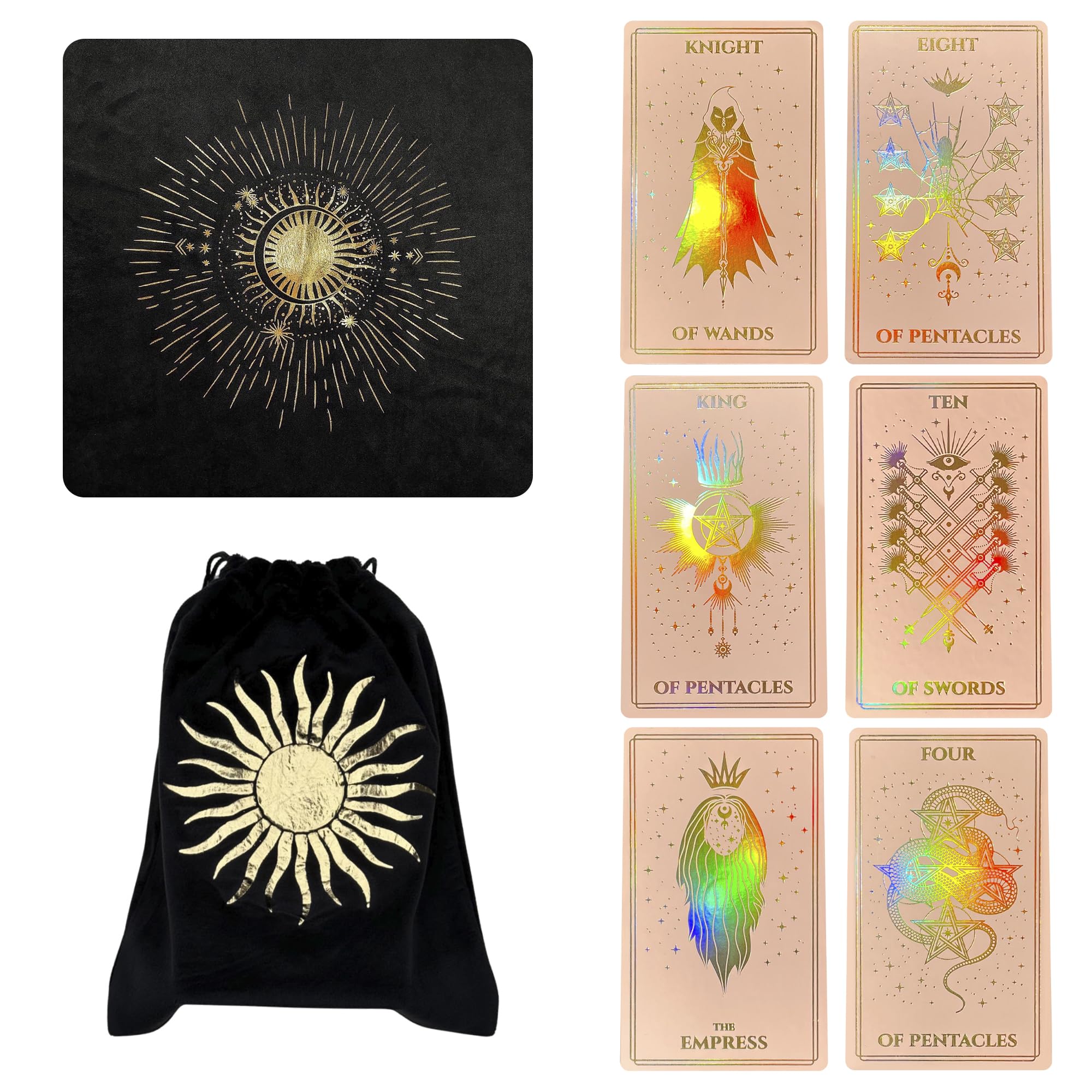 CRAFTERIAN Set of Pink Mistyc Minimalistic Tarot Cards with Cloth and Bag. Rainbow Foil 78 with Guide Book.