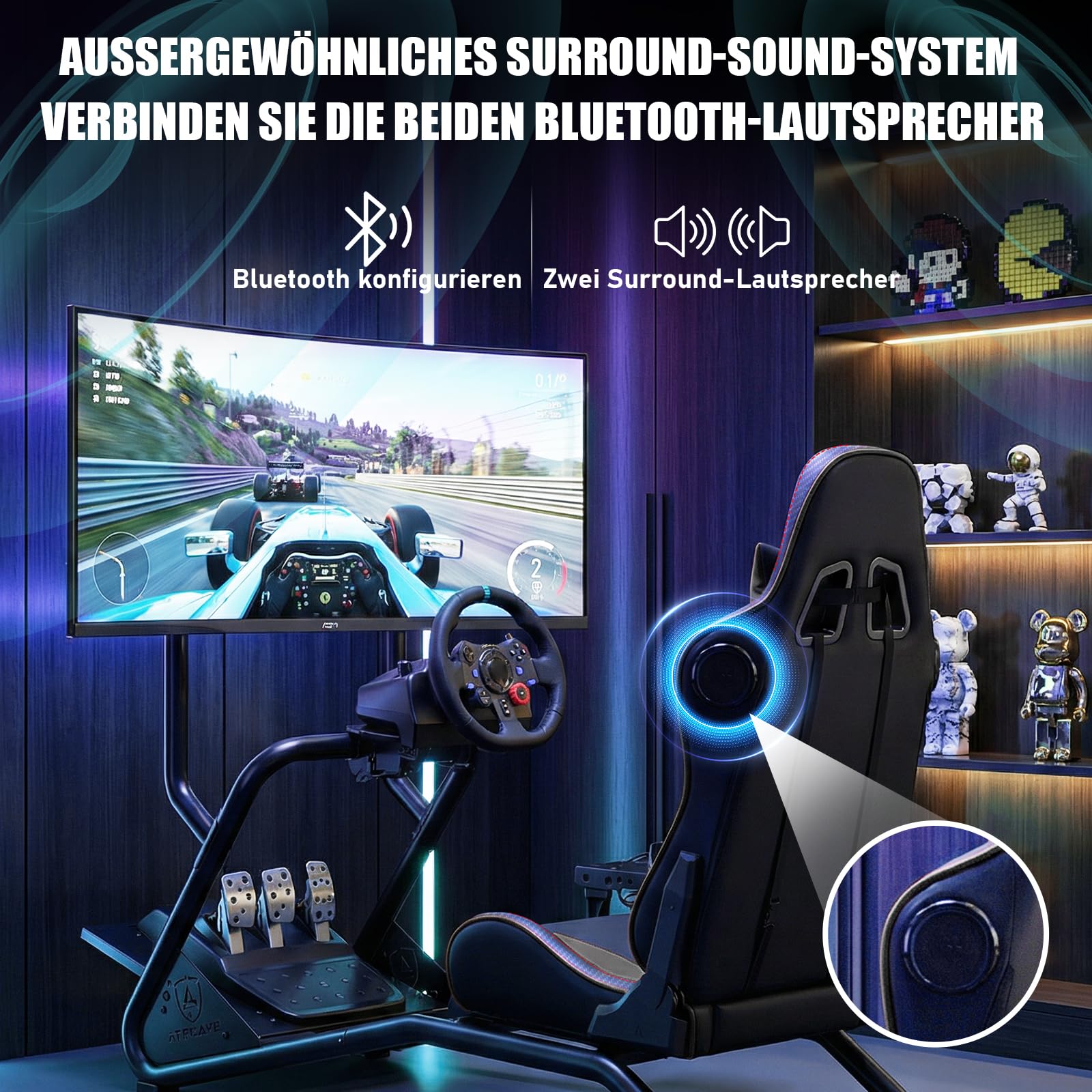 GTPLAYER Simulator Cockpit Rennsimulator Lenkradständer mit 3D-Stereo-Lautsprechern, Monitorhalterung, verstellbarer Lenkradhalterung, Schalthebelhalterung und Fußpedalen (Schwarz)