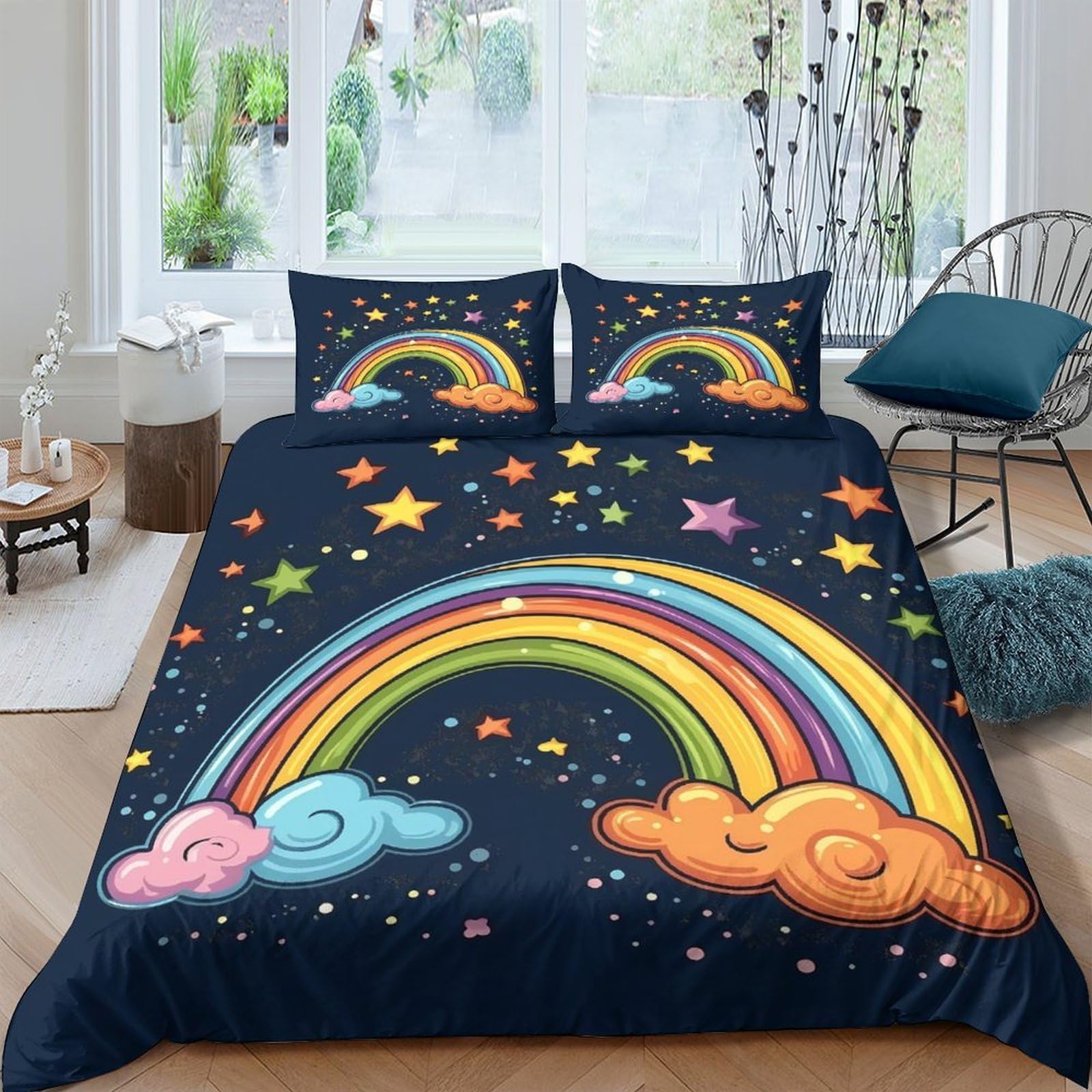 Ctjqhvkz Style-2 3D Printed Rainbow Night Sky Fitted Sheet Microfiber Soft Colorful Cloud Star Mattress Cover Bedroom Dorm Decor Single（135X200cm）
