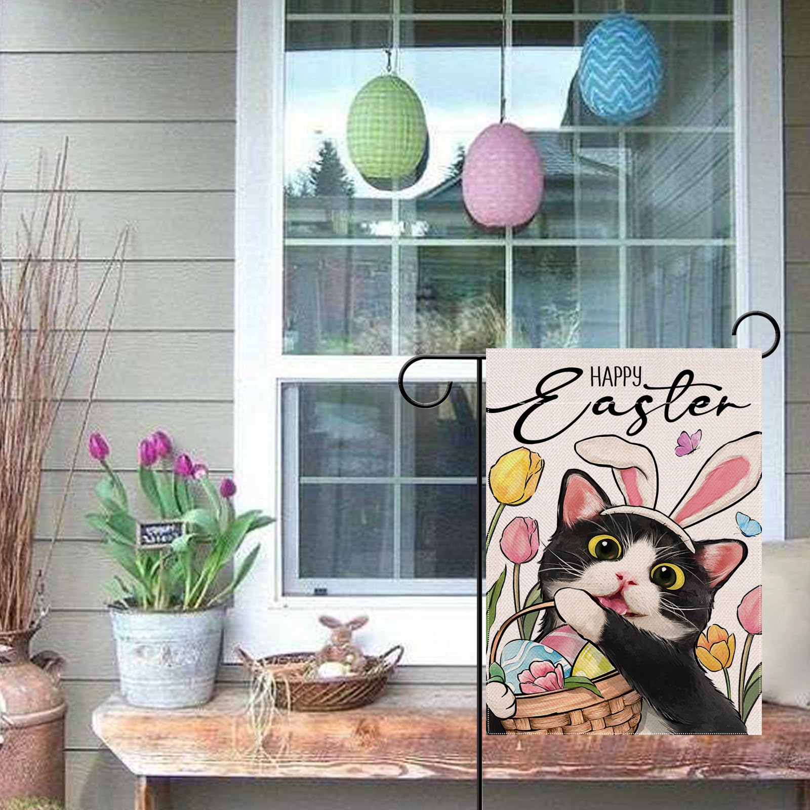 Covido Gartenflagge Happy Easter – Design Mit Schwarzem Labrador, Eiern & Blumen, Wetterfest, Doppelseitig, 31x46 Cm, Jute-Optik