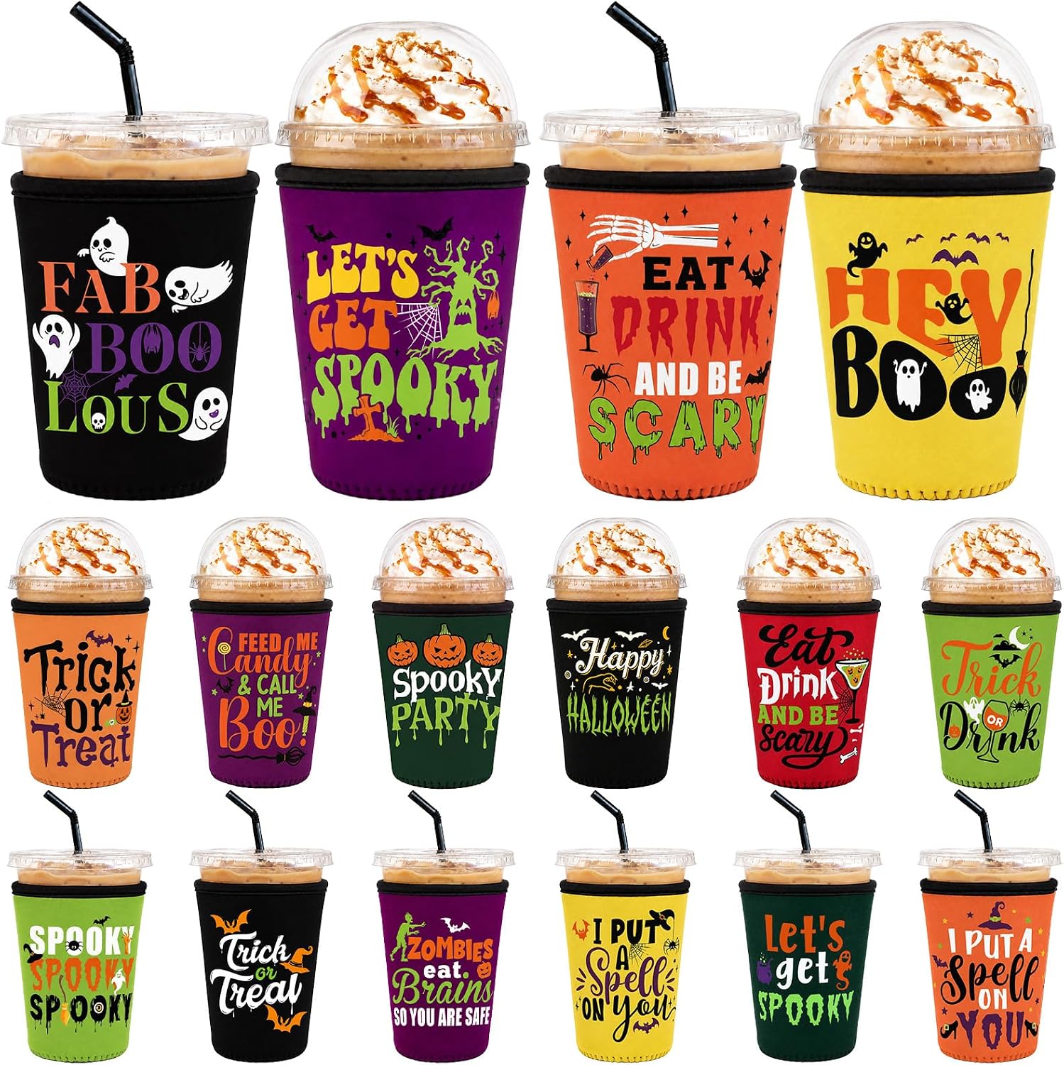 SiliFine 16 Pcs Halloween Iced Cup Sleeves Bulk 22-24 oz Reusable