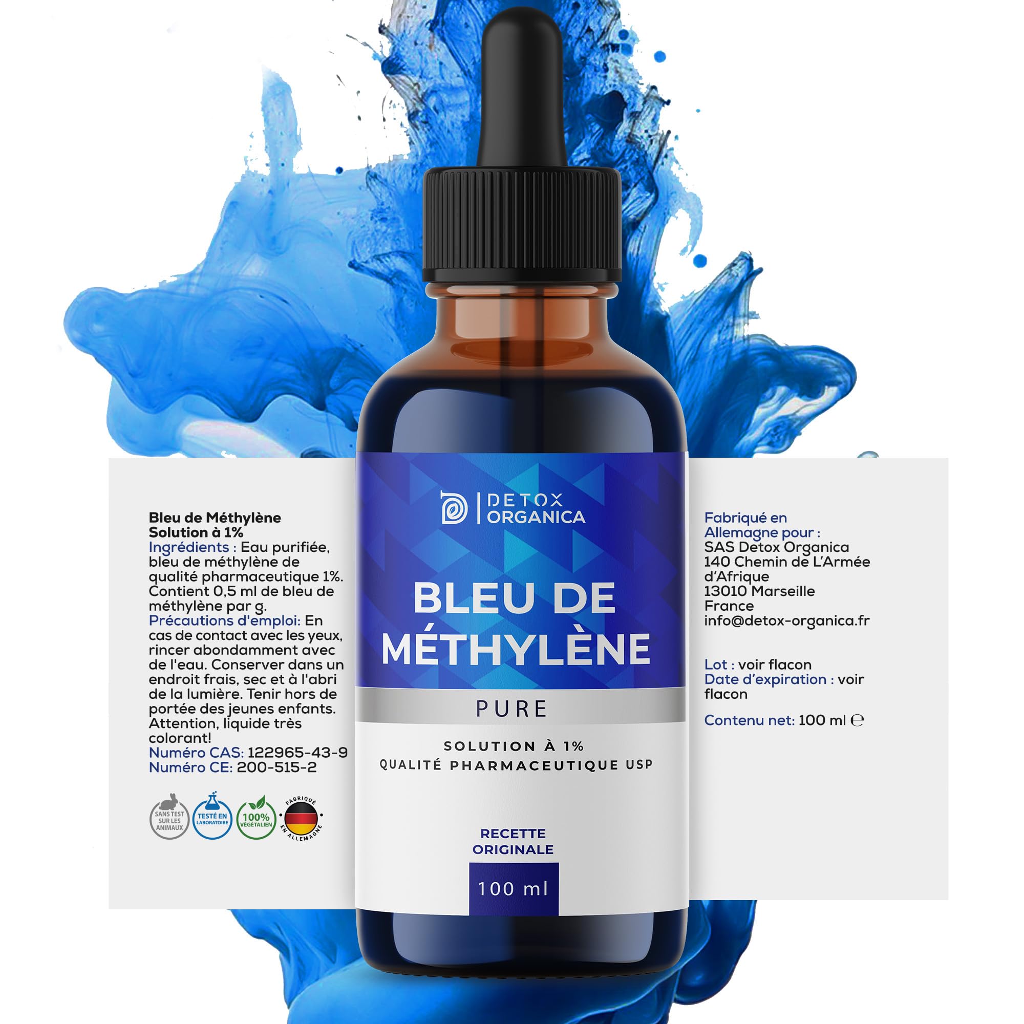 Detox Organica Bleu de Methylene Pur 100ml x2 Flacon Pipette | Qualité Pharmaceutique - Solution aqueuse 1% Premium, 100% USP - Fabriqué, Testé et certifié laboratoire Allemagne