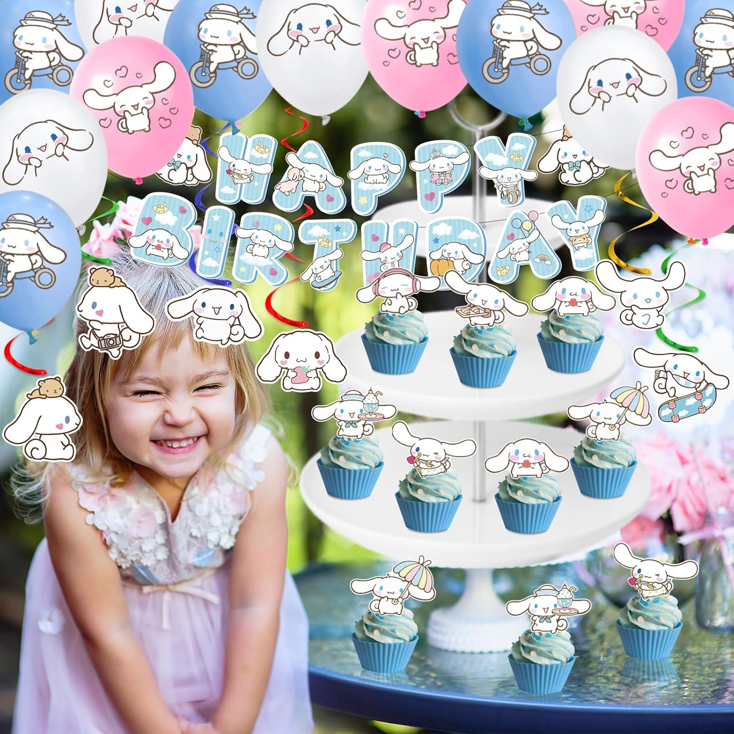 AVONO Cinnamoroll Birthday Decorations, Party Supplies Set Include Banner, Backdrop, Balloons, Hanging Swirls, Cake Cupcake Toppers, Tablecloth for Kids Cinnamoroll Theme Party