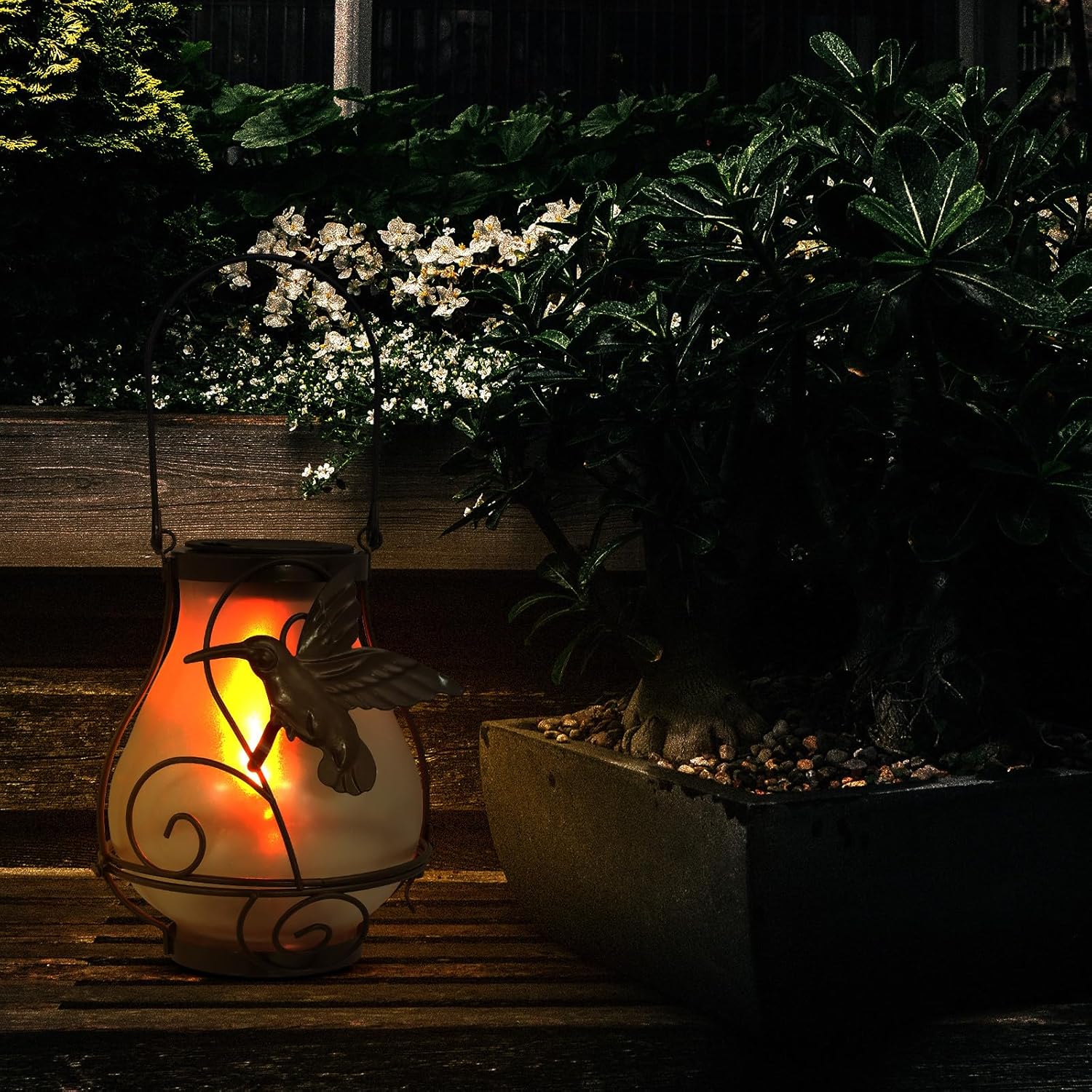 Solar Powered Hanging Garden Lantern with Iron Craft Frame Decorative Outdoor Landscape Light with Glass Lampshade Easy Install Solar Lantern for Patio and Home Decoration