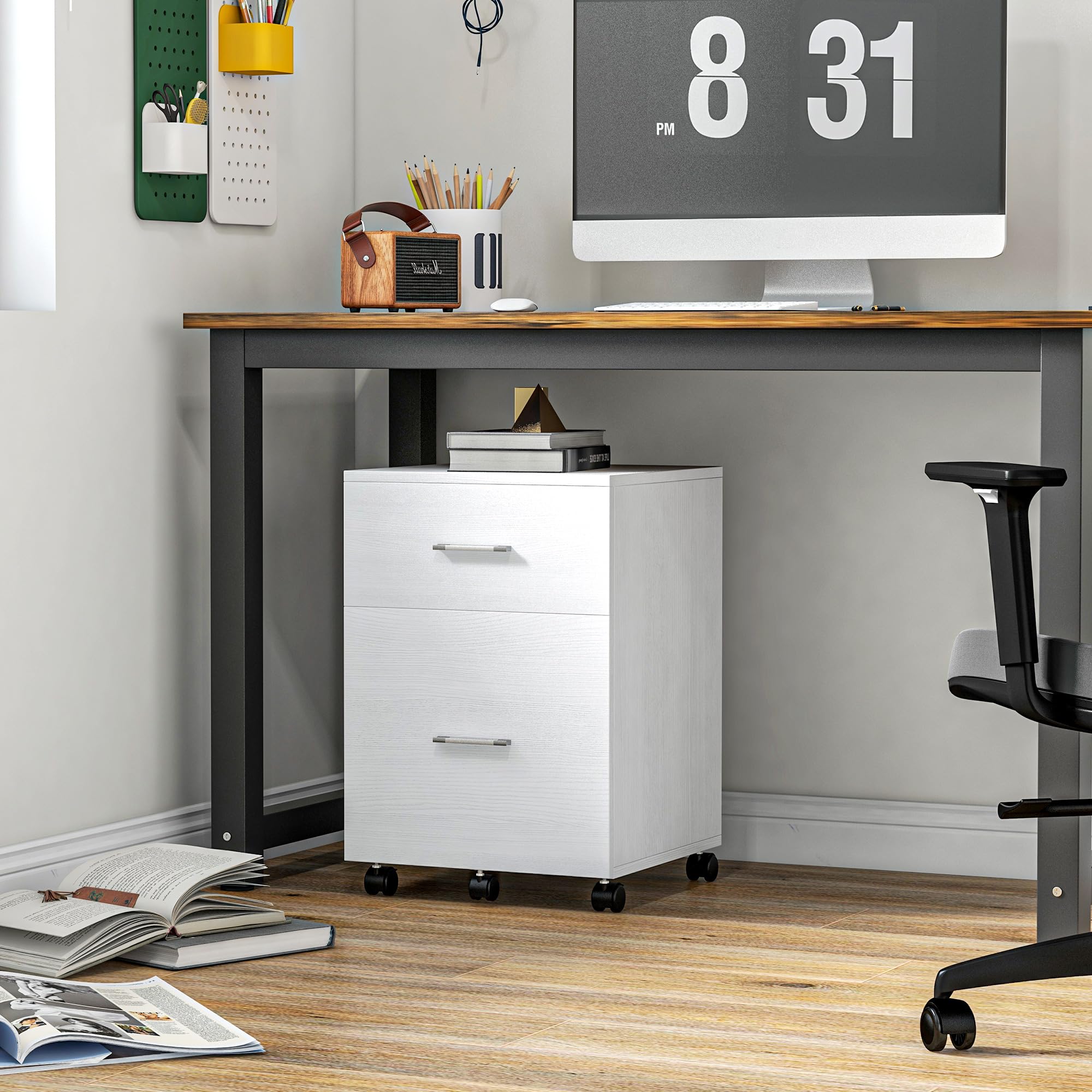 Vinsetto Archivio verticale con ruote, archivio mobile, Bianco | 2 cassetti, piccolo armadio da ufficio, per file Letter o A4, studio home office