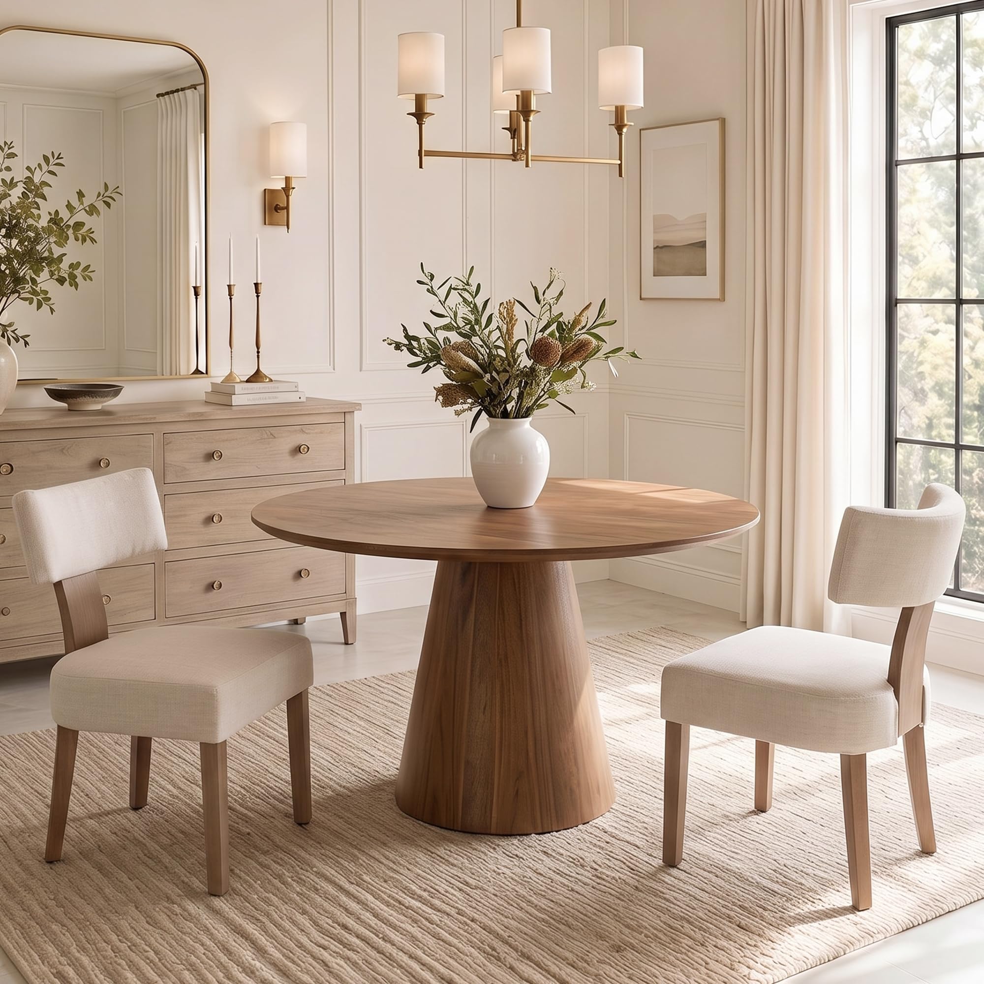 HNY Mid Century Modern Dining Chairs Set of 2 with Seat Covers, Farmhouse Linen Fabric Upholstered Accent Chairs Curved Backrest Kitchen Chairs, with Hardwood Frame, Beige