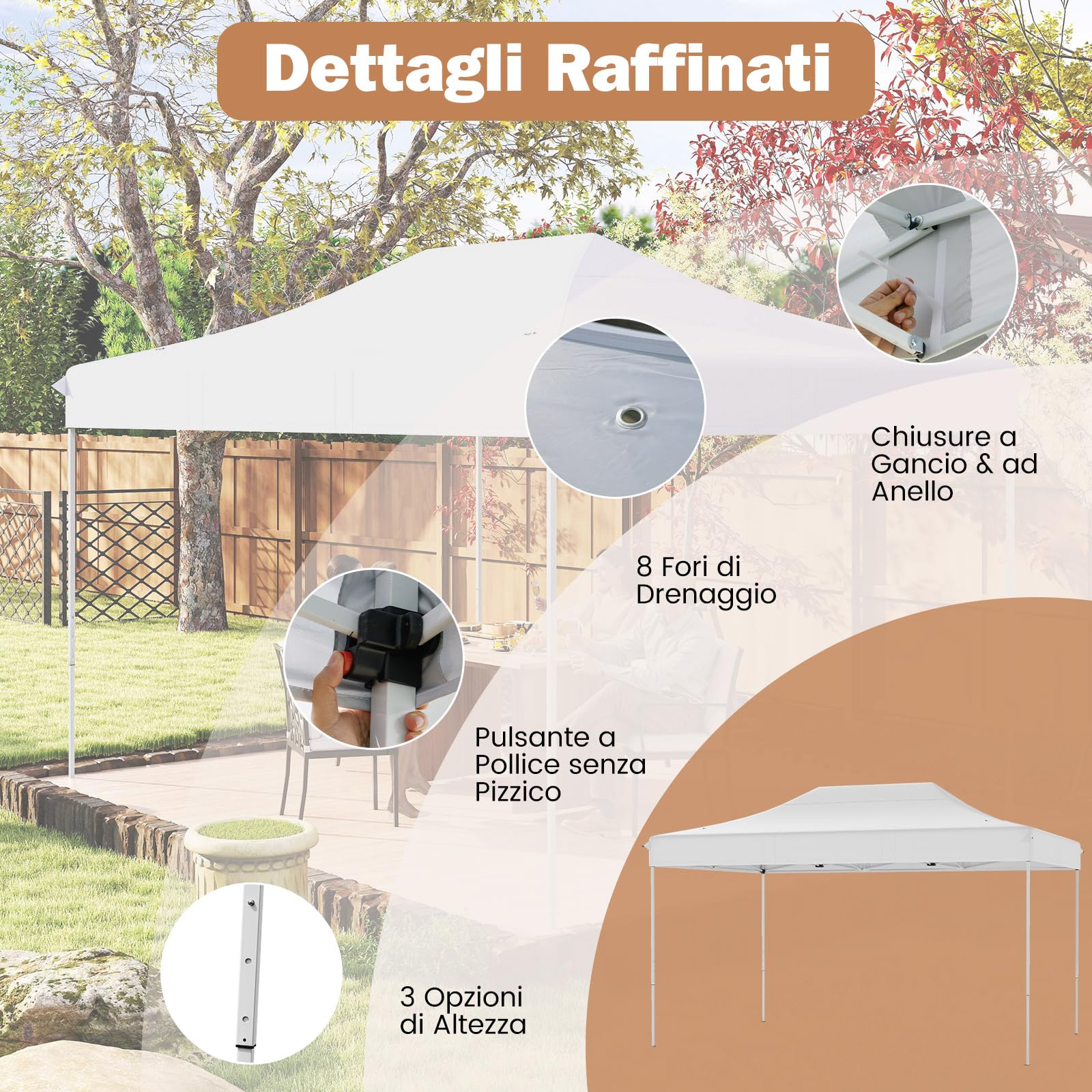 COSTWAY Gazebo Pop-up Pieghevole 3 x 4,5 m, Gazebo da Giardino Impermeabile Altezza Regolabile con Fori di Drenaggio, Tenda da Giardino Antivento con Borsa di Trasporto a Ruote (Bianco)