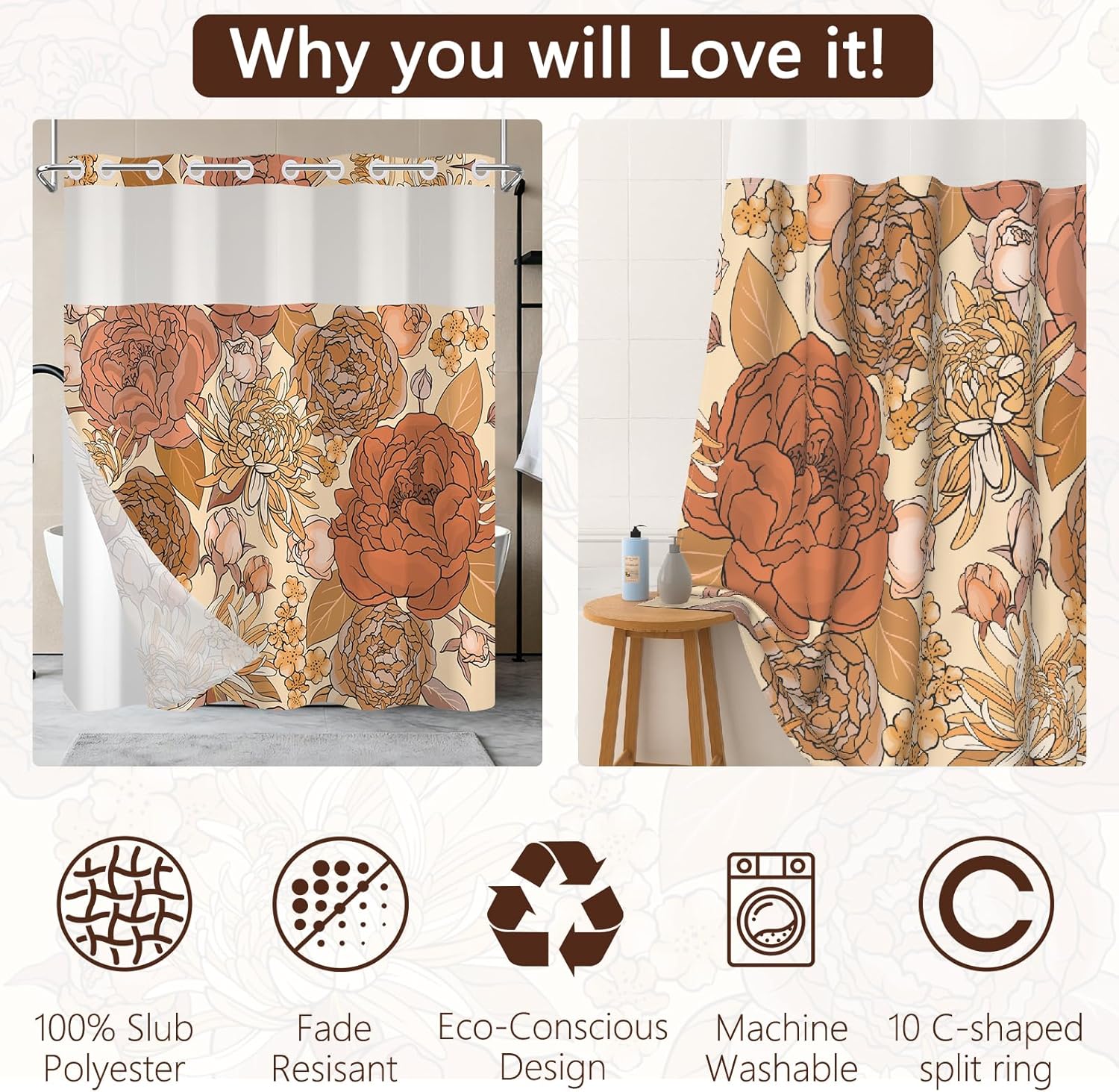 No Hook Shower Curtain with Snap-in Liner, Retro Brown Orange Floral Bath Curtain with See Through Top, Waterproof Double Layer for Bathroom Decor, 71 x 74 Inch
