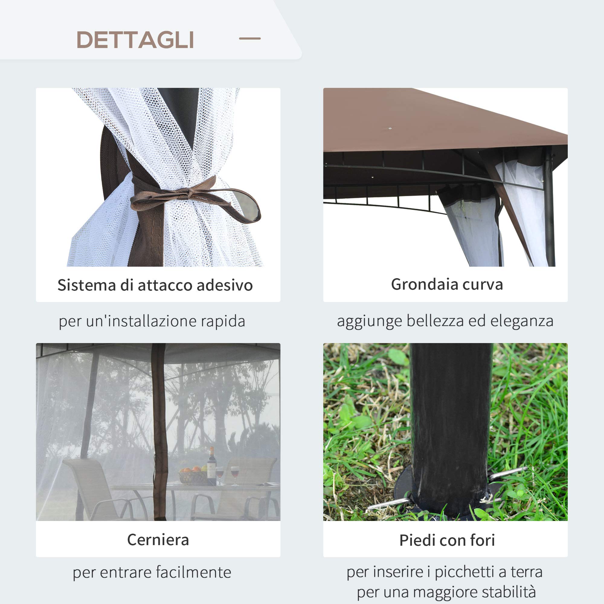 Outsunny Gazebo da Giardino 3x3m con Zanzariera Tetto 2 Livelli Marrone | in Poliestere, Struttura in Metallo