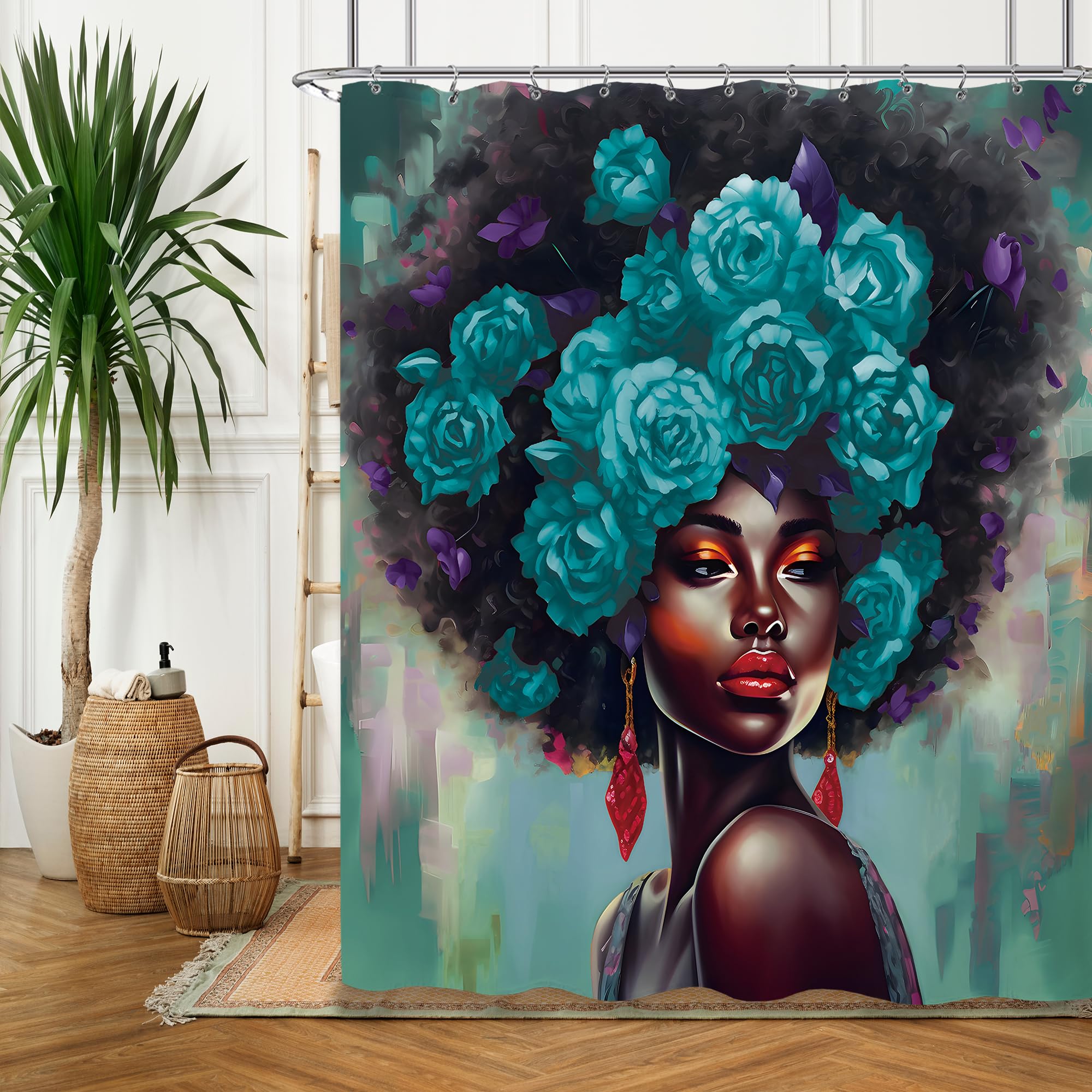 Duschvorhang 'Black Girl' – Afroamerikanisches Design, Wasserdicht, 183x183 Cm, Mit 12 Haken