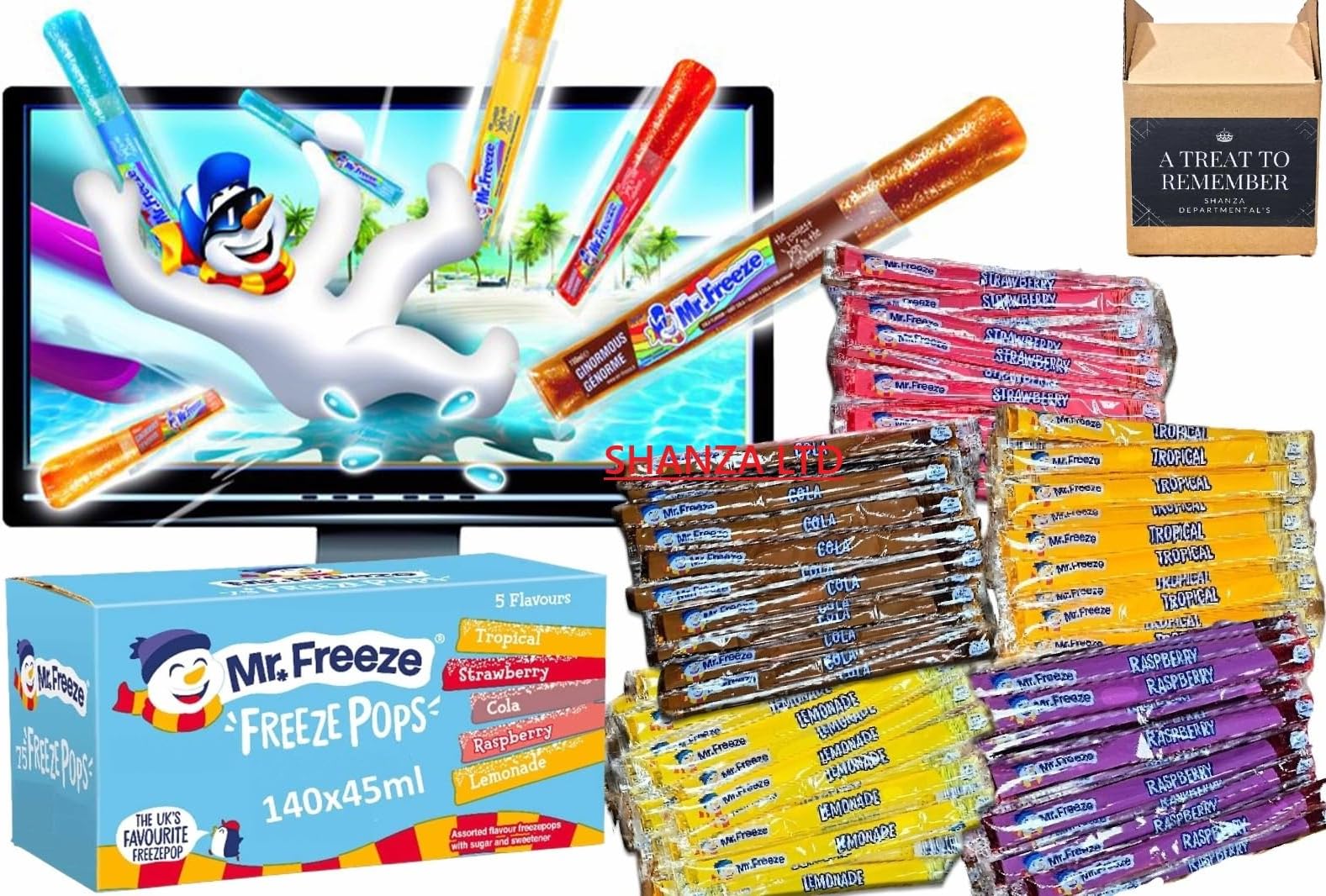 Mr. Freeze Pops Assorted Flavours 140 x 45ml |(Cola,Lemonade,Raspberry,Strawberry+Tropical) | By Shanza Departmental