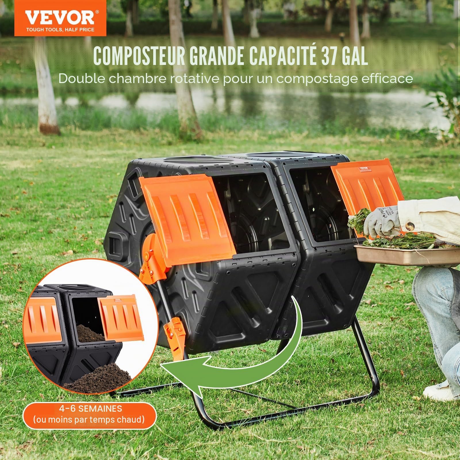 VEVOR Composteur de Jardin Rotatif 140 L Double Chambre Bac à Compost Rotatif à 360° en PP sans BPA Charge 40 kg pour Compostage des Déchets Organiques Cuisine Jardinier Terrasse Patio Extérieur