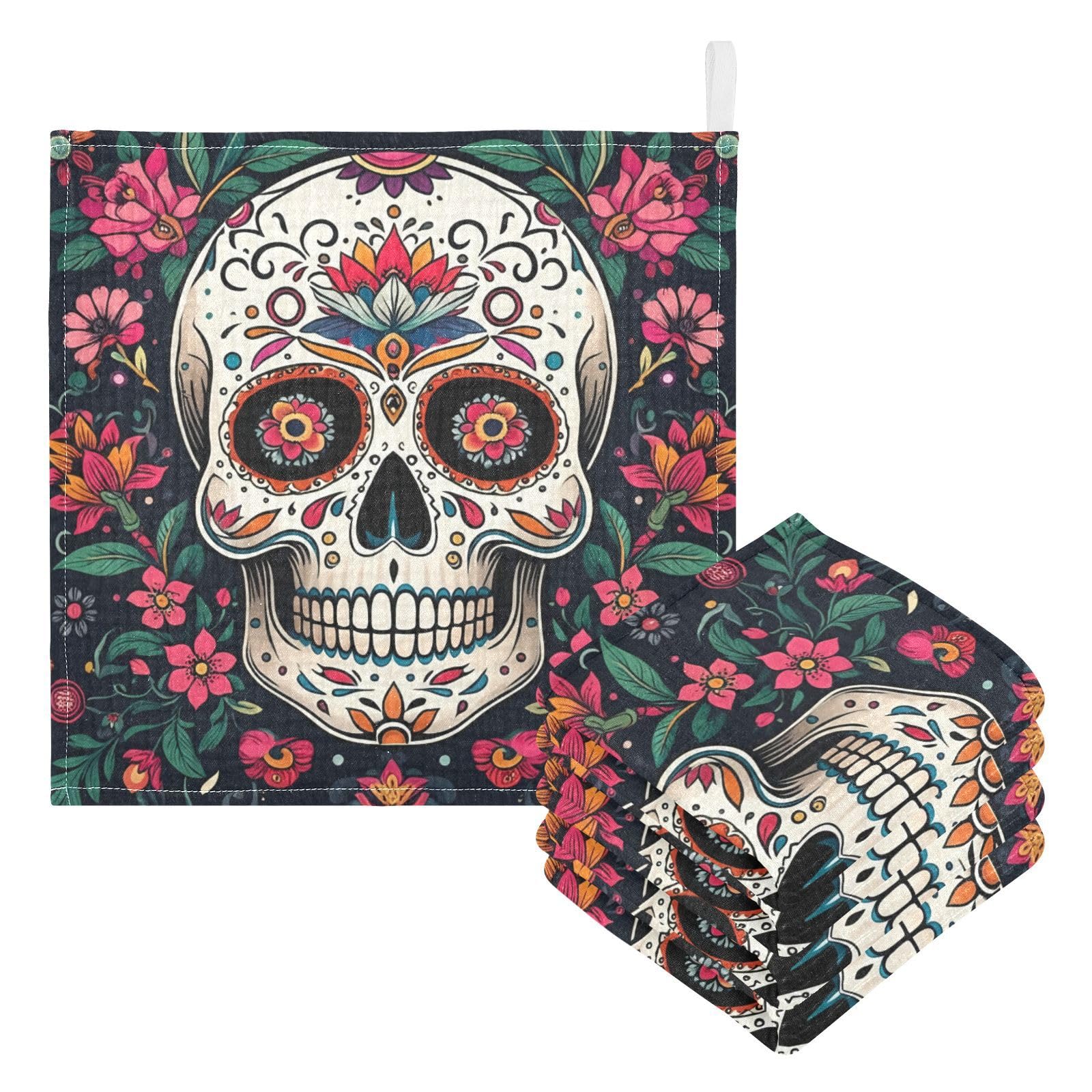 Kigai Colored Sugar Skull Baby Washcloths,3pcs Ultra Soft Absorbent Towel,Newborn Bath Face Towel, Natural Reusable Baby Wipes for Sensitive Skin, Baby Registry as Shower