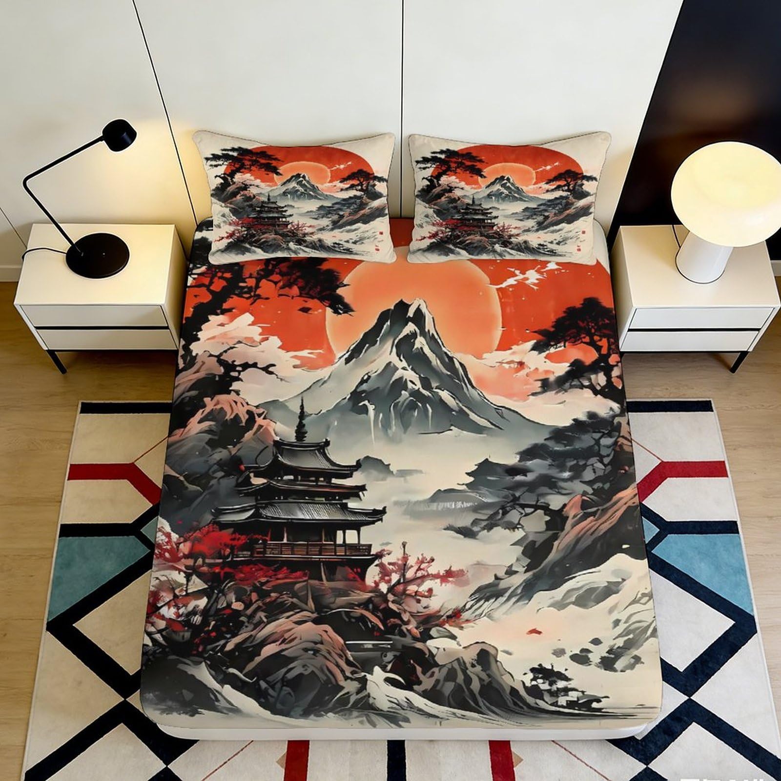 3D Printed Japanese Landscape Fitted Sheet Microfiber Soft Durable Red Sunset Bed Cover for Bedroom Dormitory Guest Room Mattress Protection 120x200x25cm