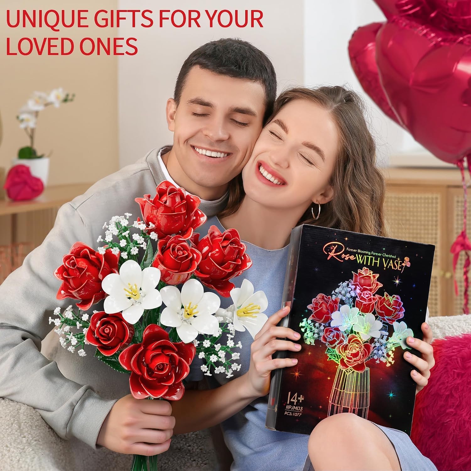 rose flowers bouquet building set with vase included, 1077 pcs artificial flowers botanical collection kit for adults women men & teen girl, gifts for birthday valentine's day mom her wife girlfriend