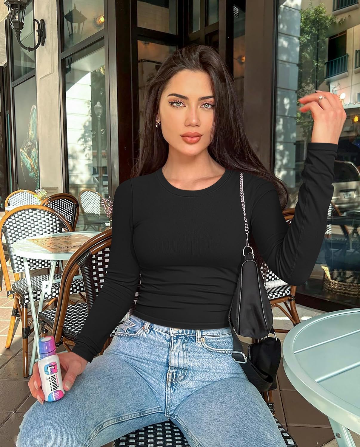 OQQ Womens 2 Piece Shirts Long Sleeve Crew Neck Ruched Stretch Basic Fitted Tee Shirts Tops - Image 2