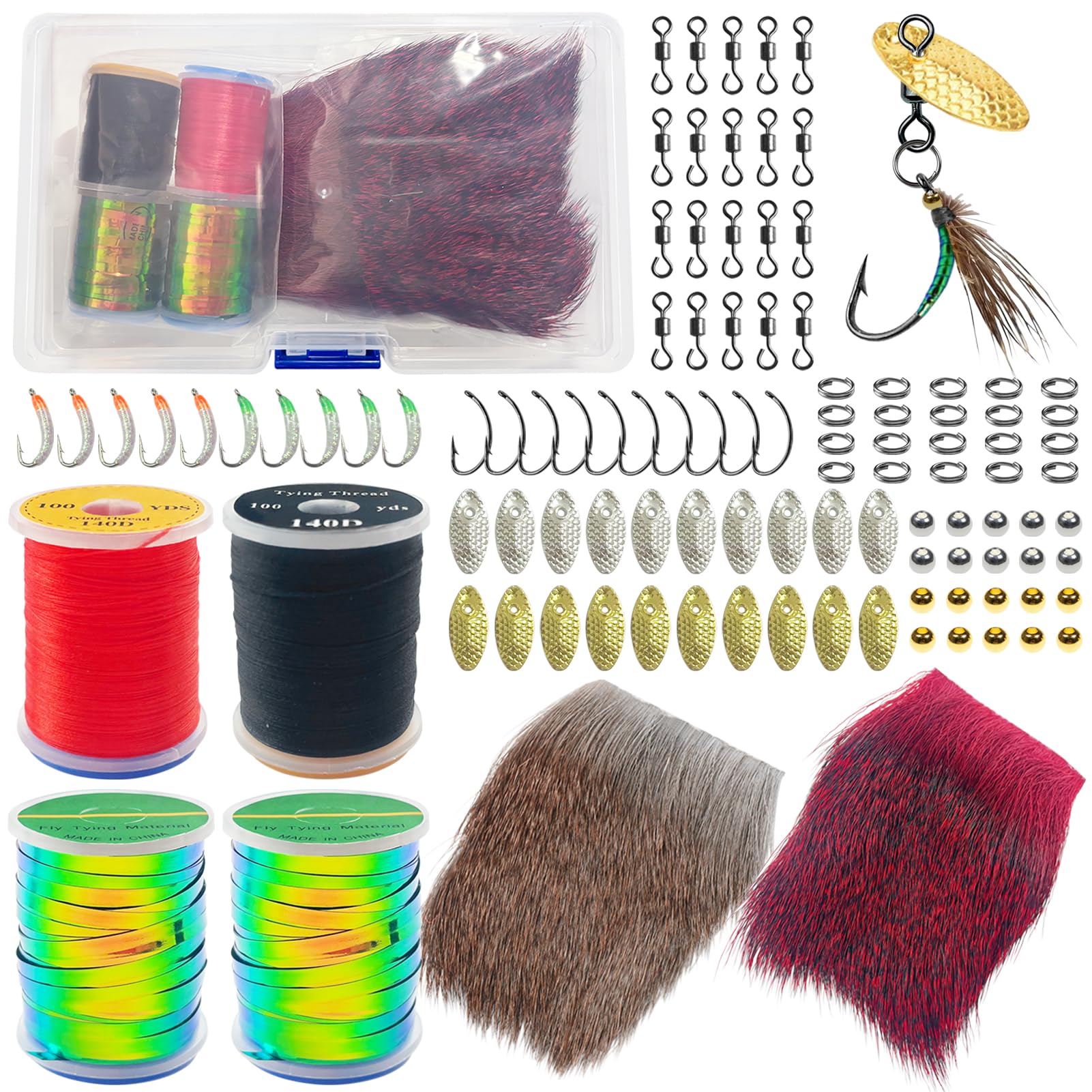 107Pcs Fly Tying Materials Kit-Complete Fly Tying Supplies with Fly Fishing Feathers,Thread,Spinner Blades,Hooks,Beads,Snap Swivels for DIY Fly Flies Beginners Friendly