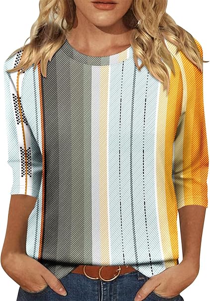 KISSMODA Tunic Tops for Women Loose Fit Dressy Round Neck Pleated 3/4 Length Sleeve Spring Tops
