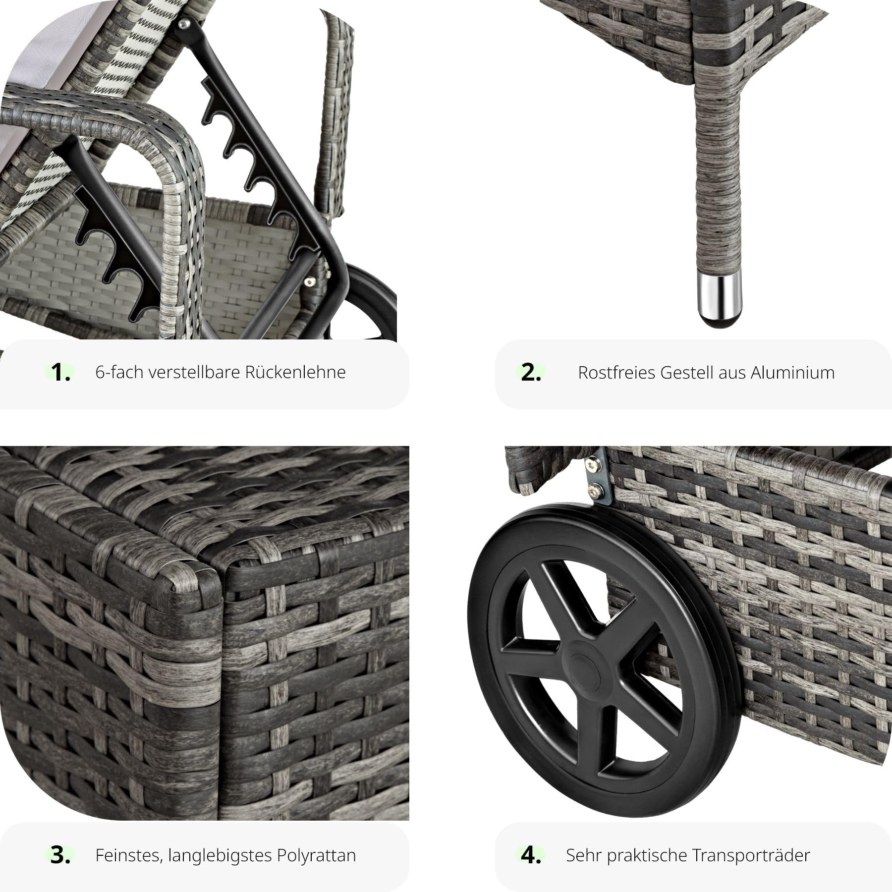 tectake® Aluminium Rattan Sonnenliege mit Armlehne und Rollen, Outdoor Polyrattan Gartenliege mit 6-Fach höhenverstellbarer Rückenlehne (bis 150 kg), Balkon Möbel oder Garten Möbel - grau
