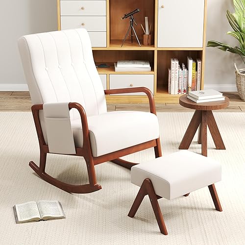 KOMFOTT Mecedora para guardería con otomana, silla mecedora tapizada con reposapiés, bolsillo lateral, marco de goma estable y respaldo copetudo,