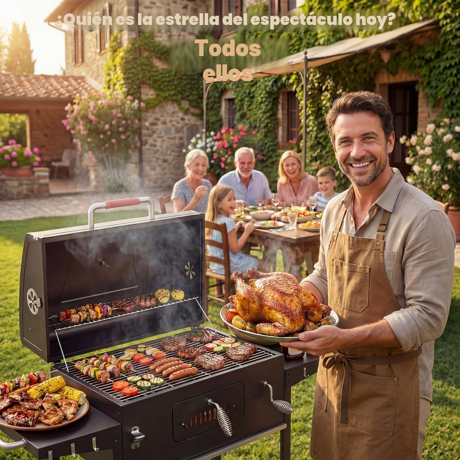 DEVOKO Parrilla de carbón XXL, barbacoas de carbón con tapa, barbacoa grande para balcón, jardín, exterior, barbacoa con parrilla de 71 × 43 cm/termómetro/pinzas para pescado/bandeja para barbacoa